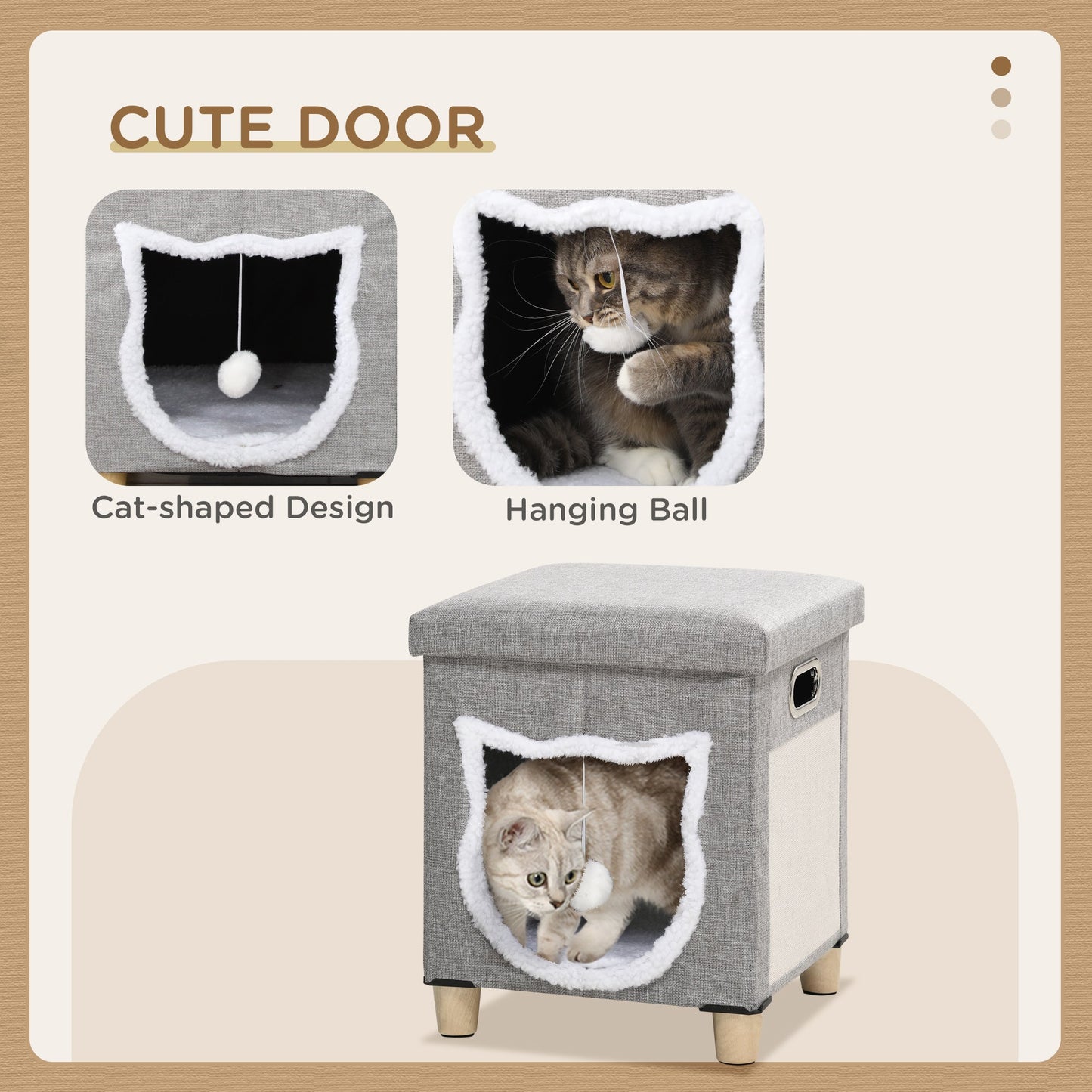 Cat House Cave, Cat Bed Cube with Scratching Pad, Soft Detachable & Washable Cushion, Toy Ball, for Indoor Kittens, Grey