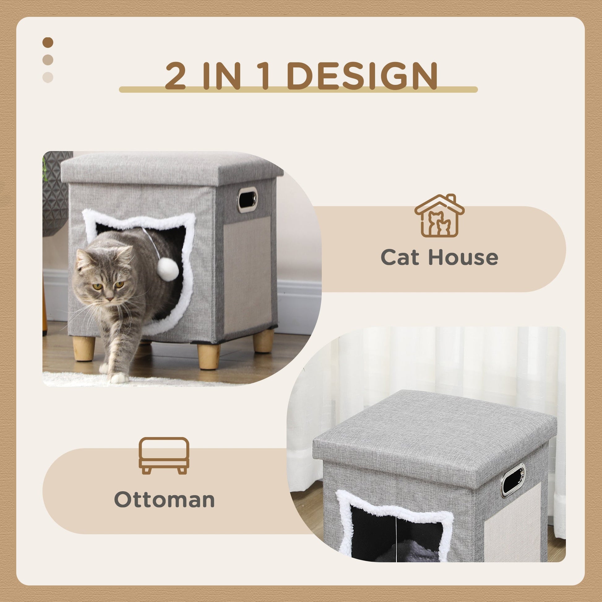 Cat House Cave, Cat Bed Cube with Scratching Pad, Soft Detachable & Washable Cushion, Toy Ball, for Indoor Kittens, Grey