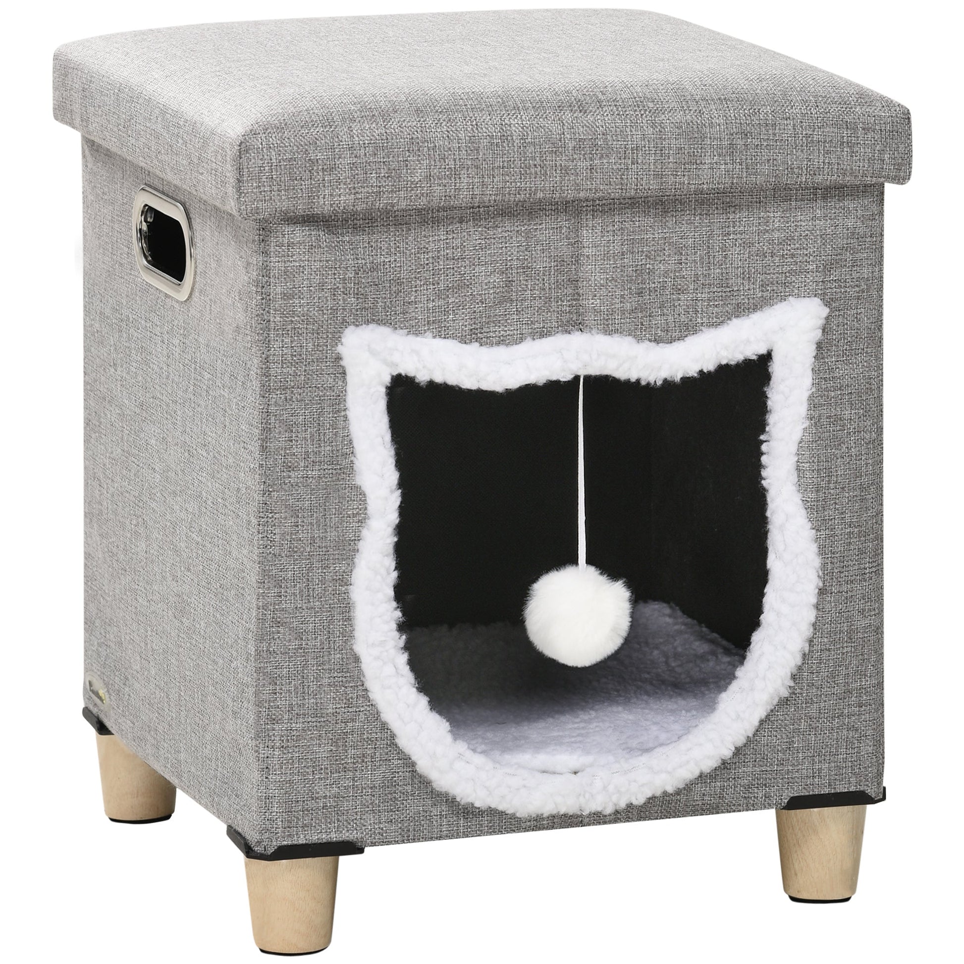 Cat House Cave, Cat Bed Cube with Scratching Pad, Soft Detachable & Washable Cushion, Toy Ball, for Indoor Kittens, Grey