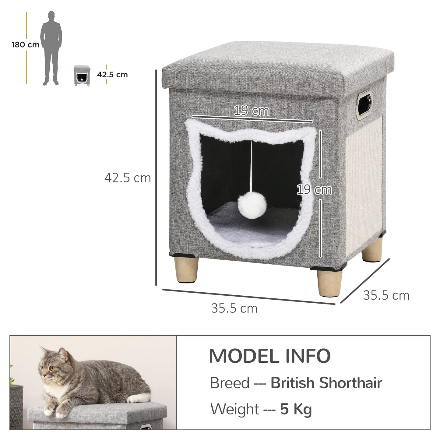 Cat House Cave, Cat Bed Cube with Scratching Pad, Soft Detachable & Washable Cushion, Toy Ball, for Indoor Kittens, Grey