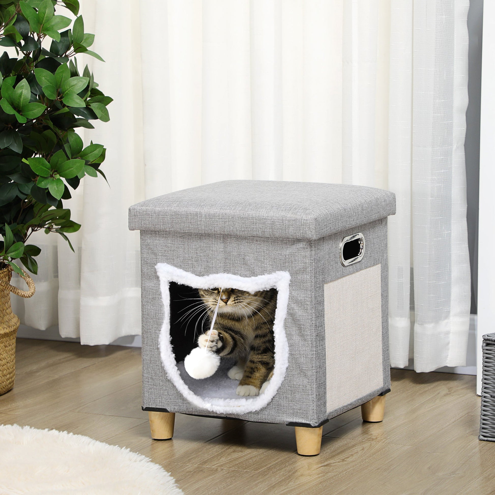 Cat House Cave, Cat Bed Cube with Scratching Pad, Soft Detachable & Washable Cushion, Toy Ball, for Indoor Kittens, Grey