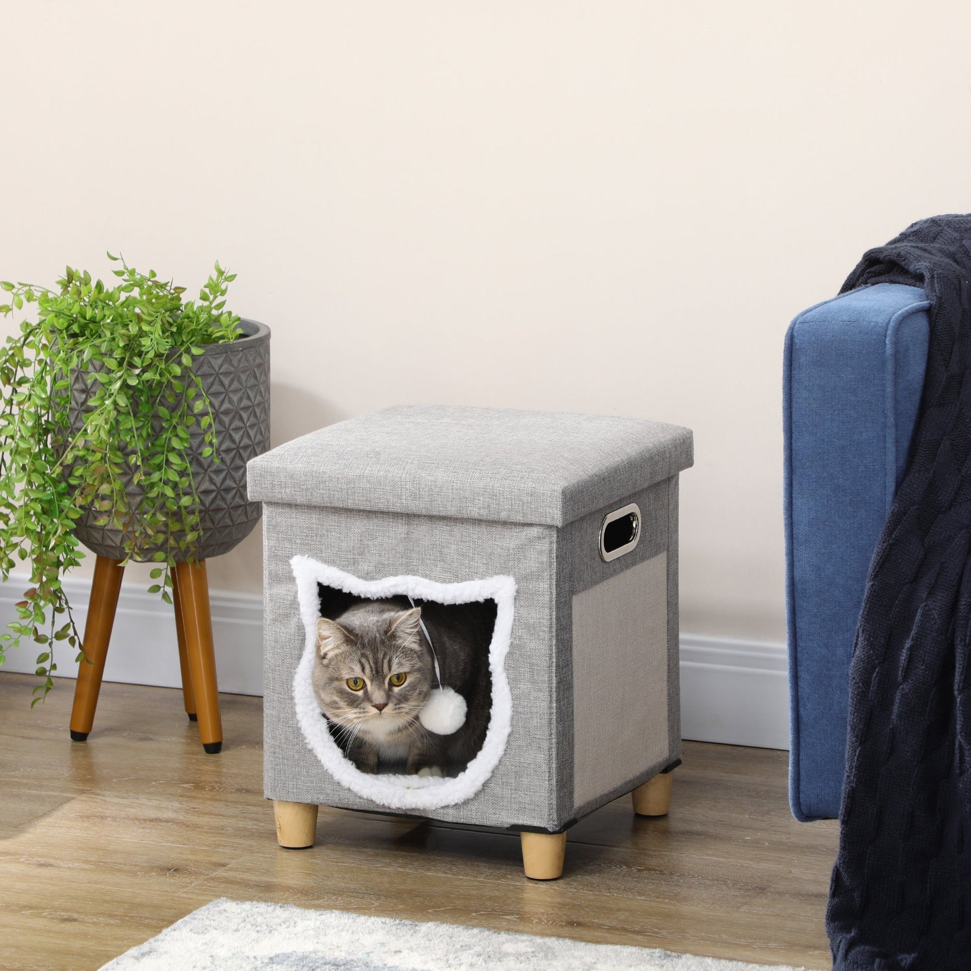 Cat House Cave, Cat Bed Cube with Scratching Pad, Soft Detachable & Washable Cushion, Toy Ball, for Indoor Kittens, Grey