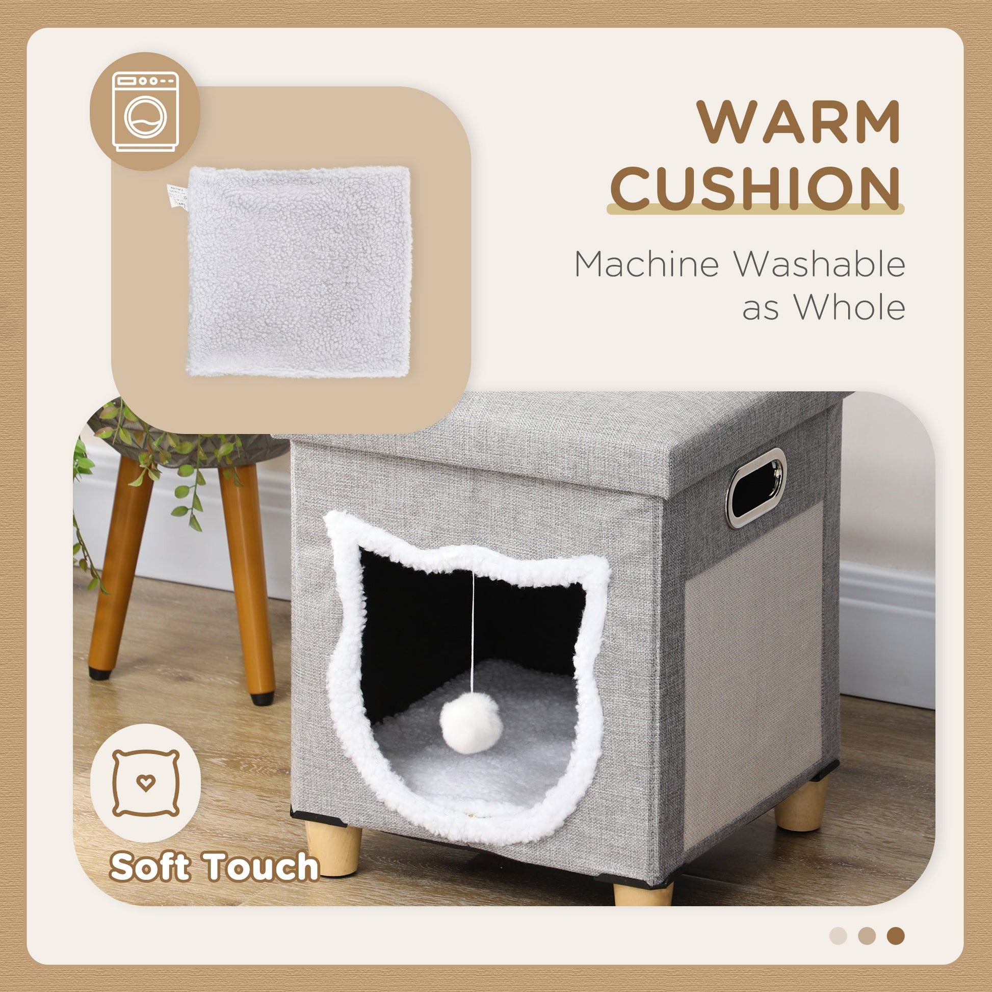 Cat House Cave, Cat Bed Cube with Scratching Pad, Soft Detachable & Washable Cushion, Toy Ball, for Indoor Kittens, Grey