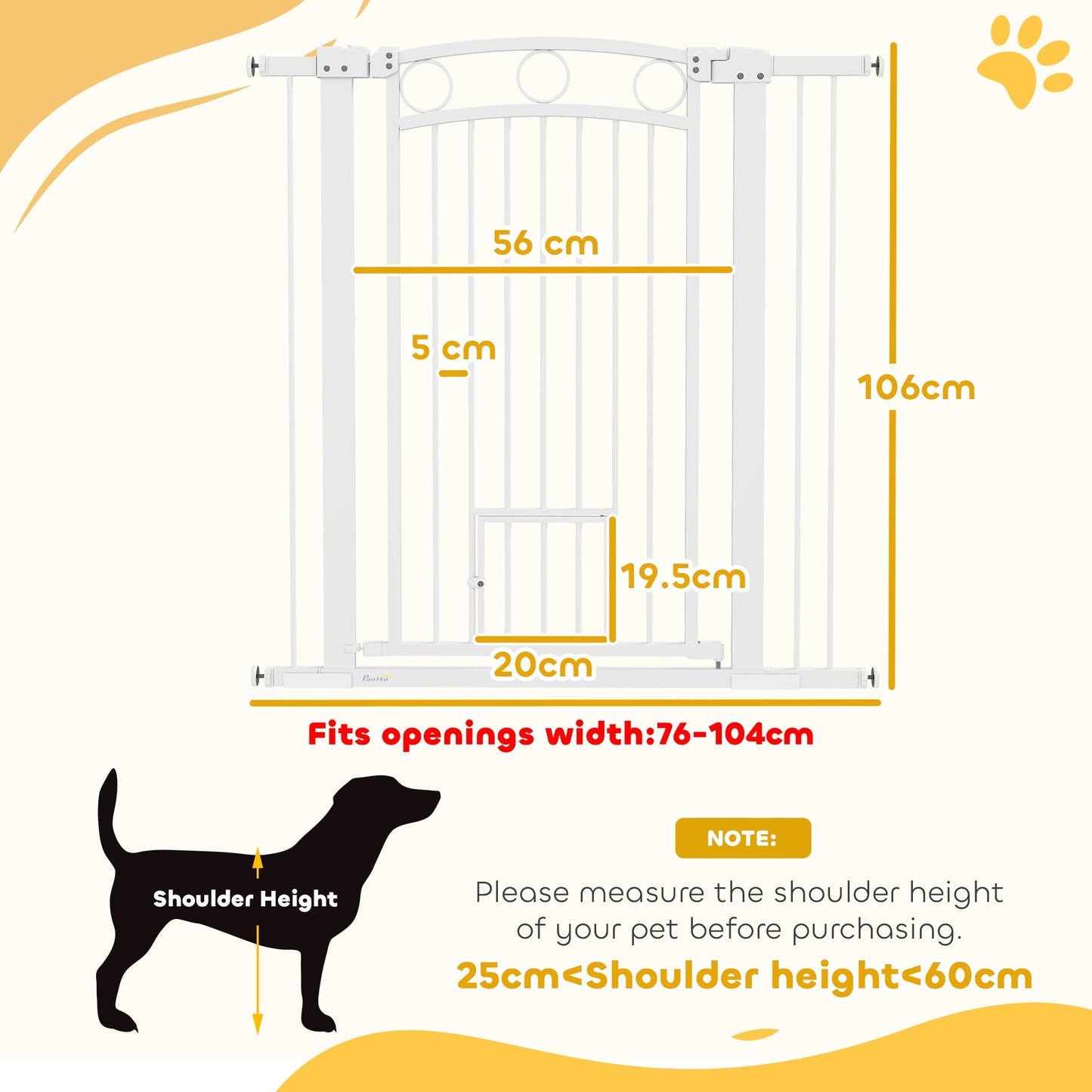 Dog Stair Gate 106cm Extra Tall Height, 76-104cm Adjustable Width Pressure Fit Safety Gate With Cat Door, 7cm and 14cm Extensions for Stairs, Doorways, Easy Installation, White