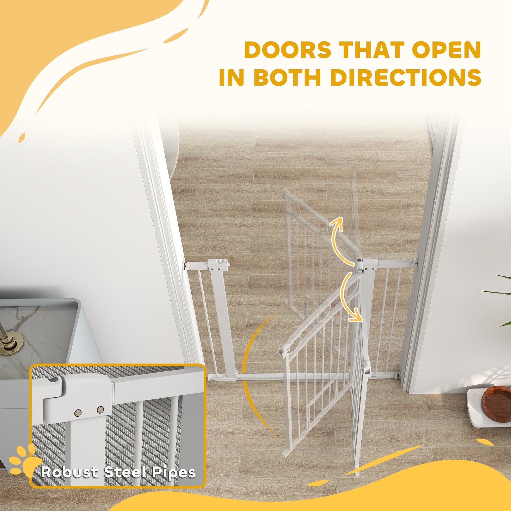 Dog Stair Gate 106cm Extra Tall Height, 76-104cm Adjustable Width Pressure Fit Safety Gate With Cat Door, 7cm and 14cm Extensions for Stairs, Doorways, Easy Installation, White