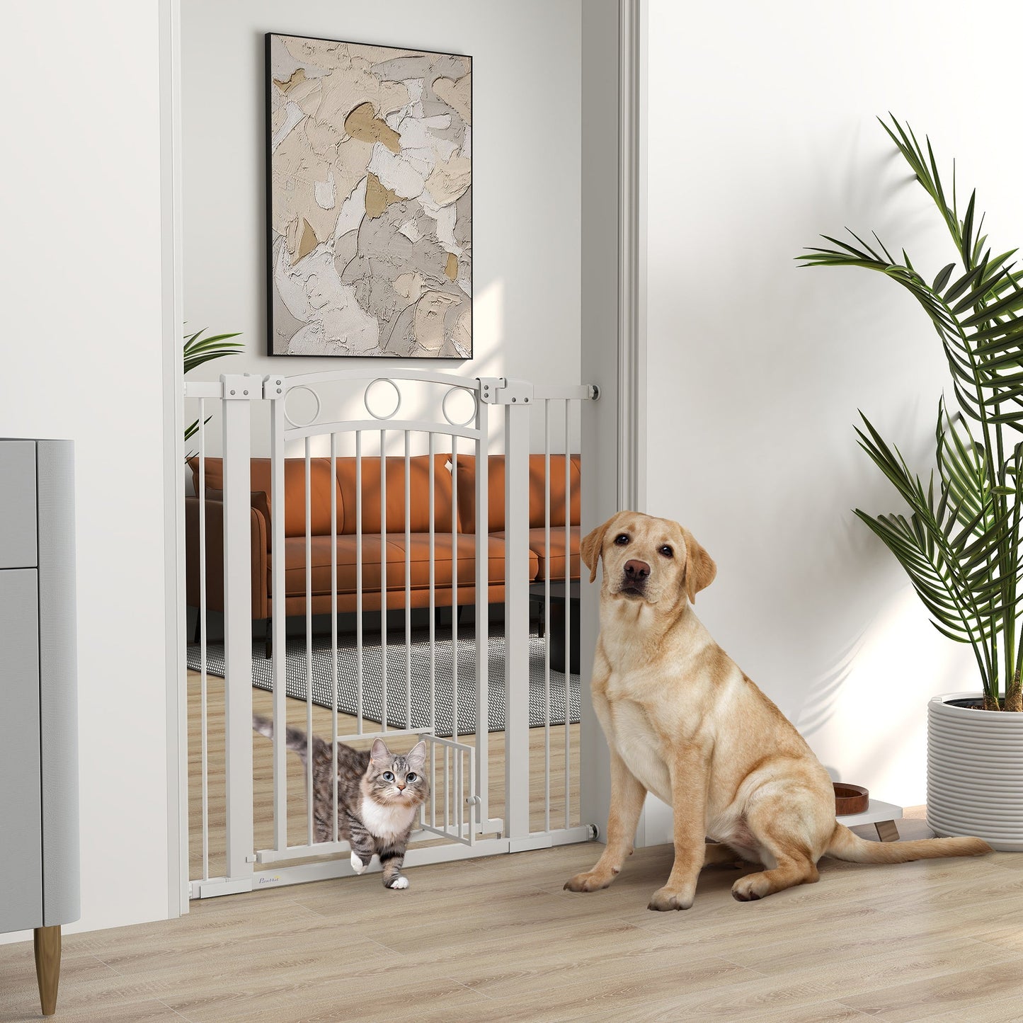 Dog Stair Gate 106cm Extra Tall Height, 76-104cm Adjustable Width Pressure Fit Safety Gate With Cat Door, 7cm and 14cm Extensions for Stairs, Doorways, Easy Installation, White