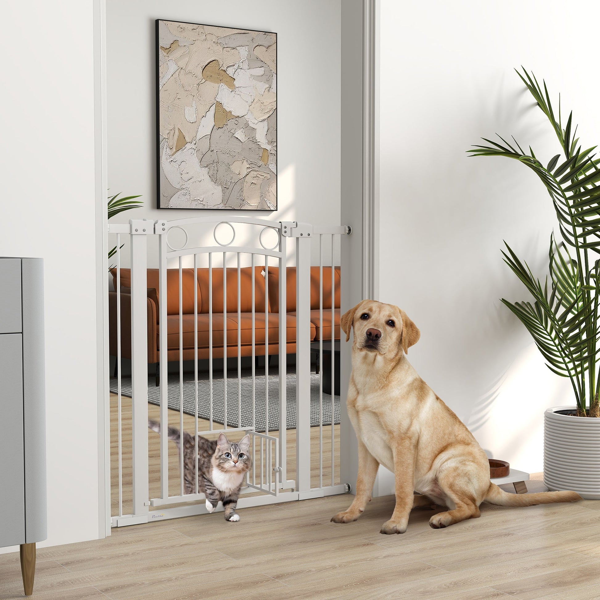 Dog Stair Gate 106cm Extra Tall Height, 76-104cm Adjustable Width Pressure Fit Safety Gate With Cat Door, 7cm and 14cm Extensions for Stairs, Doorways, Easy Installation, White
