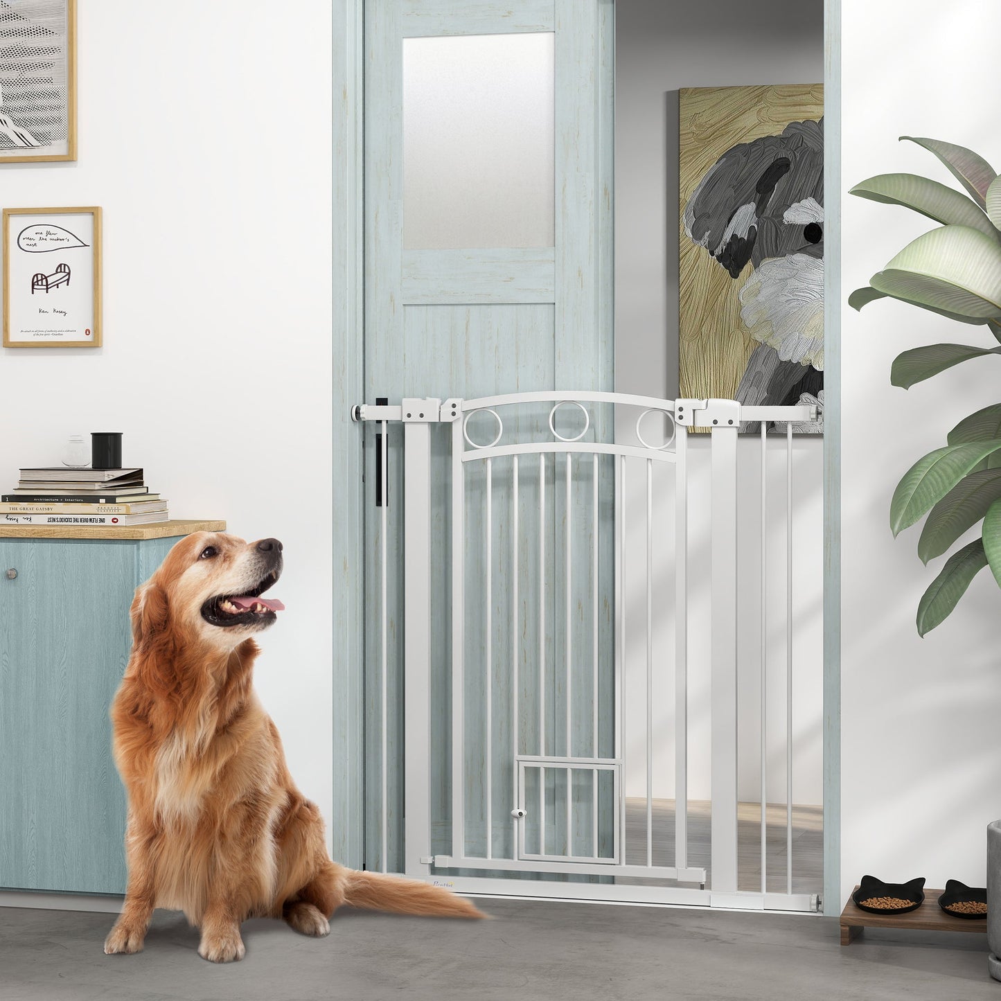 Dog Stair Gate 106cm Extra Tall Height, 76-104cm Adjustable Width Pressure Fit Safety Gate With Cat Door, 7cm and 14cm Extensions for Stairs, Doorways, Easy Installation, White
