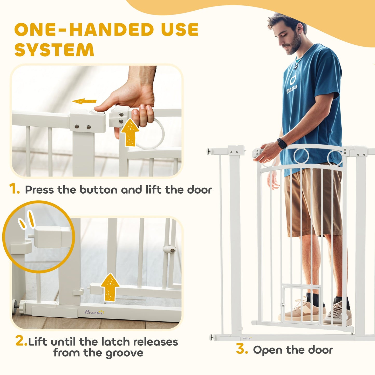Dog Stair Gate 106cm Extra Tall Height, 76-104cm Adjustable Width Pressure Fit Safety Gate With Cat Door, 7cm and 14cm Extensions for Stairs, Doorways, Easy Installation, White