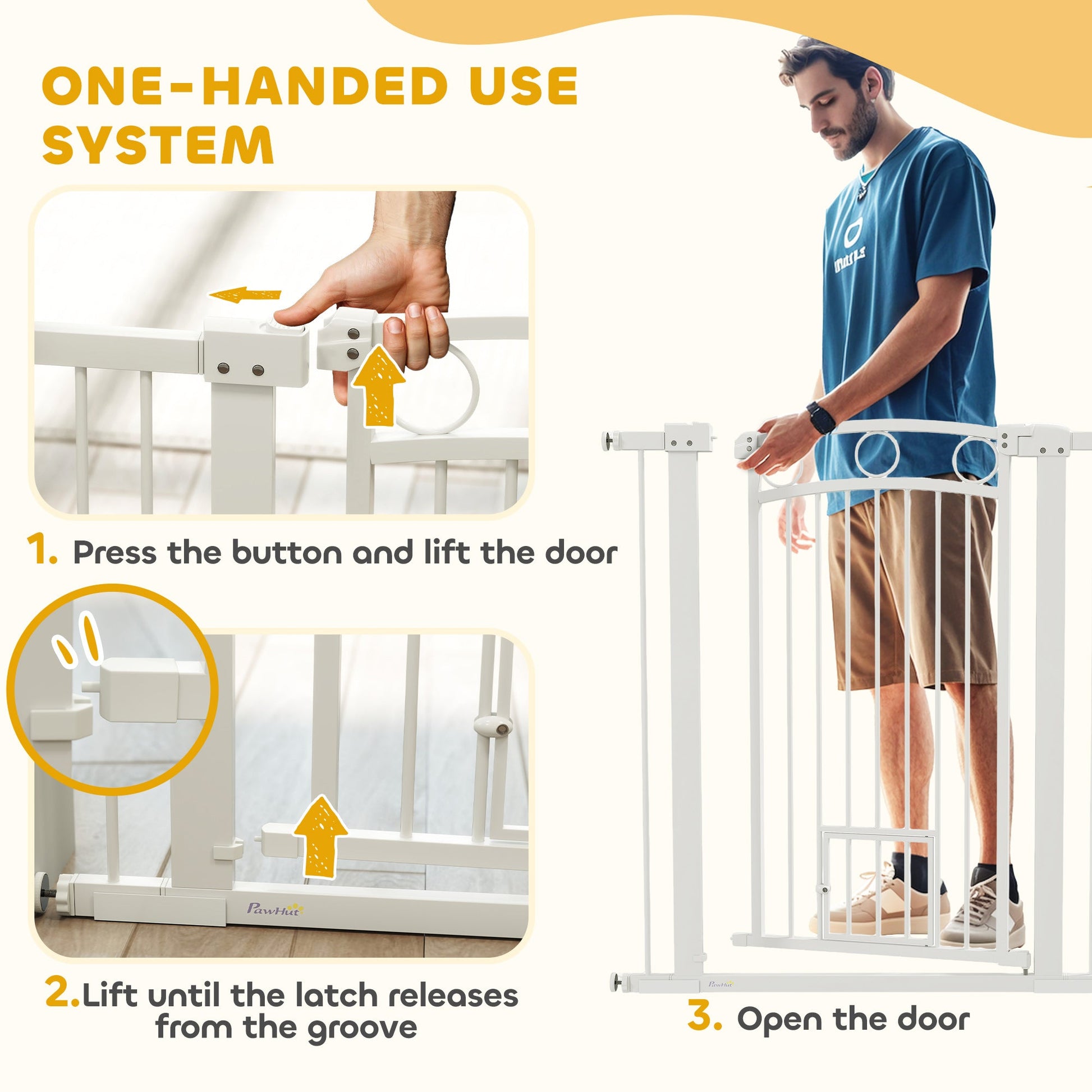 Dog Stair Gate 106cm Extra Tall Height, 76-104cm Adjustable Width Pressure Fit Safety Gate With Cat Door, 7cm and 14cm Extensions for Stairs, Doorways, Easy Installation, White