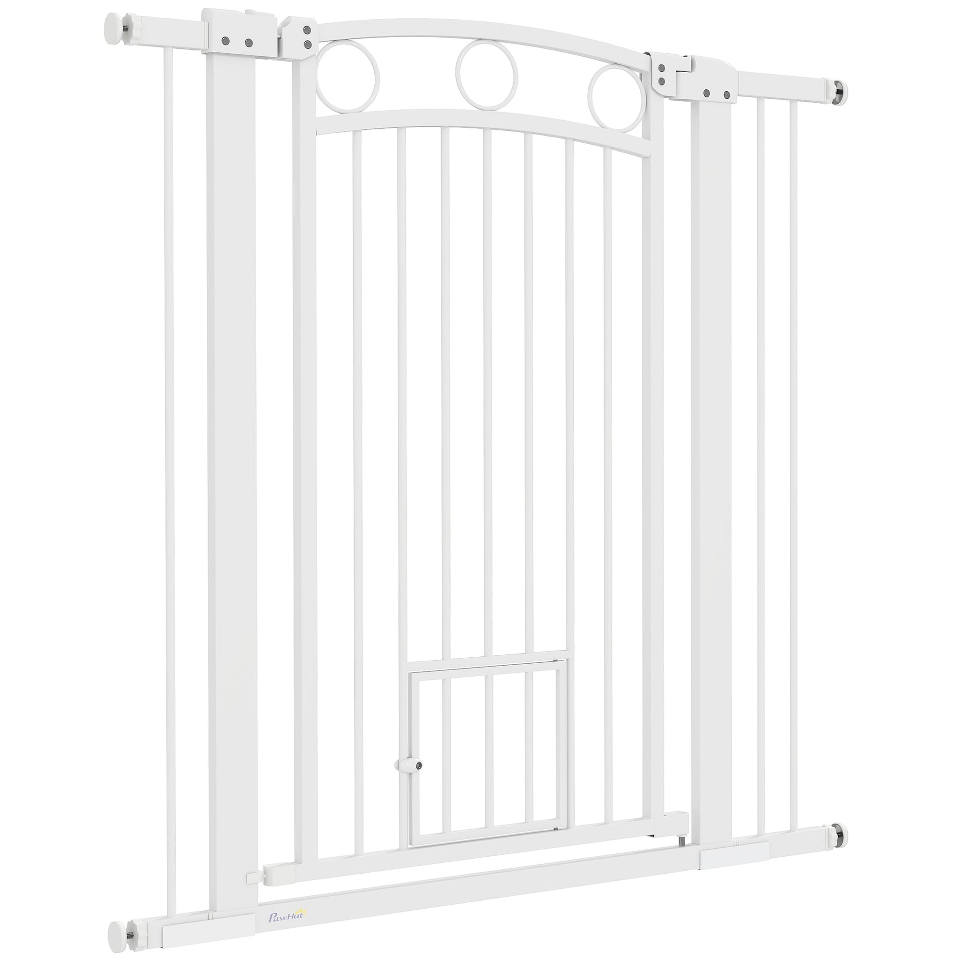 Dog Stair Gate 106cm Extra Tall Height, 76-104cm Adjustable Width Pressure Fit Safety Gate With Cat Door, 7cm and 14cm Extensions for Stairs, Doorways, Easy Installation, White
