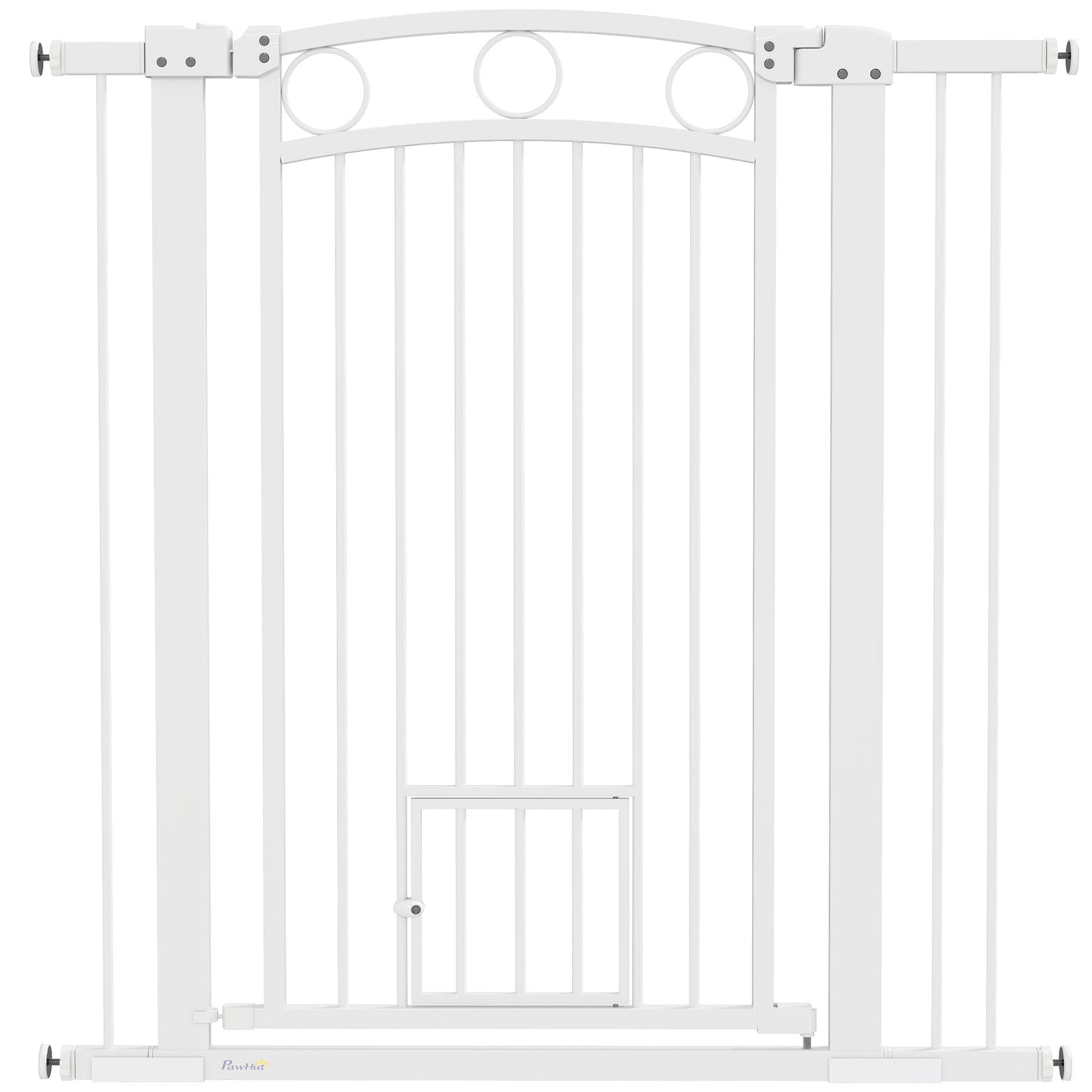 Dog Stair Gate 106cm Extra Tall Height, 76-104cm Adjustable Width Pressure Fit Safety Gate With Cat Door, 7cm and 14cm Extensions for Stairs, Doorways, Easy Installation, White