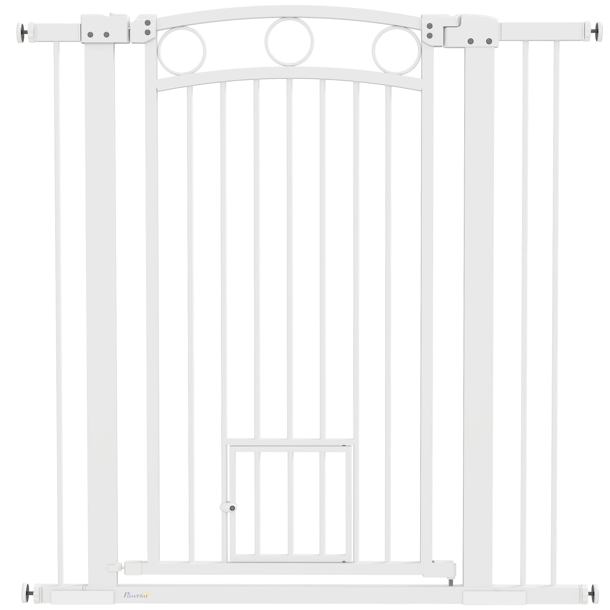 Dog Stair Gate 106cm Extra Tall Height, 76-104cm Adjustable Width Pressure Fit Safety Gate With Cat Door, 7cm and 14cm Extensions for Stairs, Doorways, Easy Installation, White