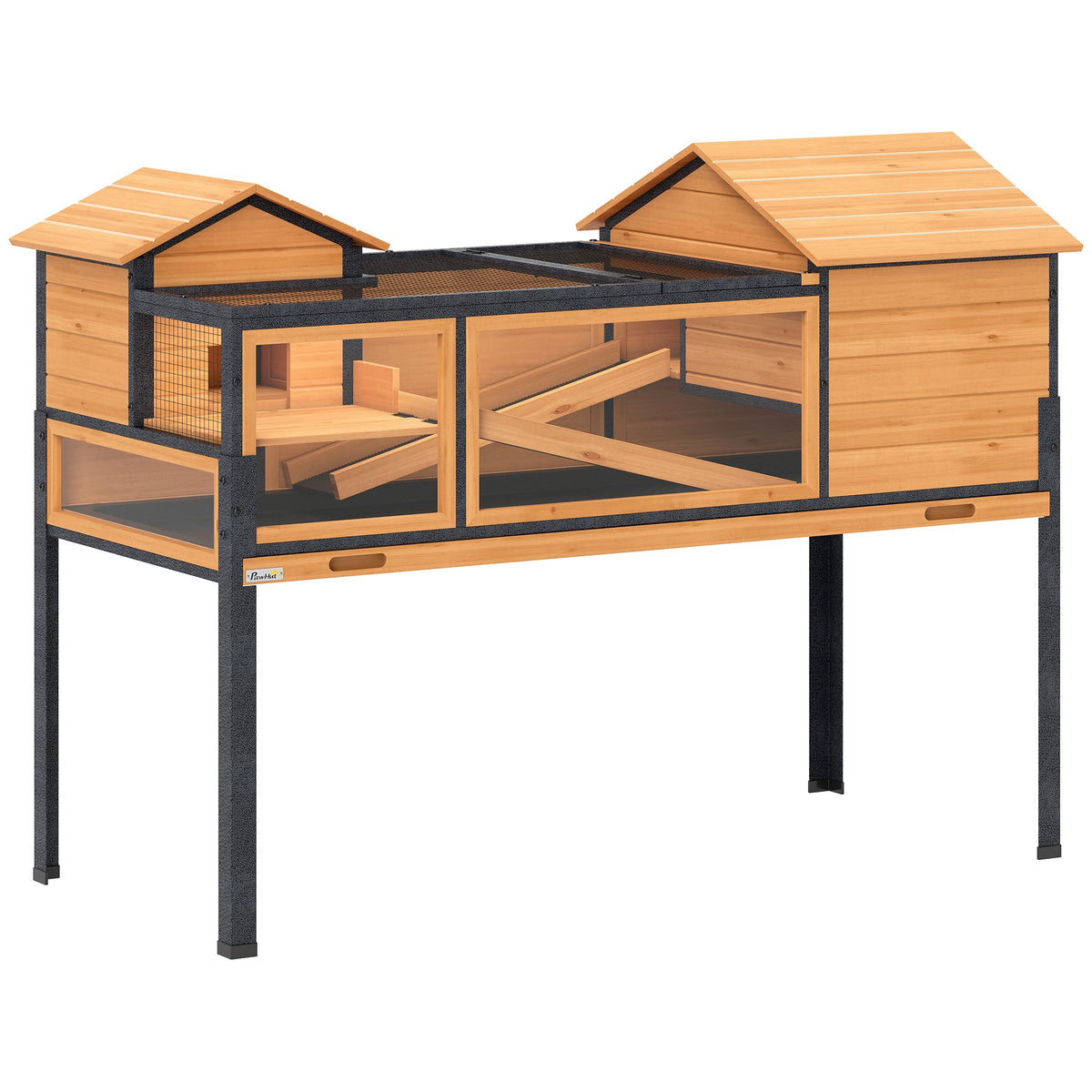 Tortoise House with 2 Rooms, Wooden Reptile Enclosure Habitat with Clear Windows, Ramps, Openable Top, Built-in Tray, with Stand Legs for Indoor Use, Yellow