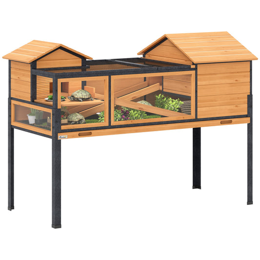 Tortoise House with 2 Rooms, Wooden Reptile Enclosure Habitat with Clear Windows, Ramps, Openable Top, Built-in Tray, with Stand Legs for Indoor Use, Yellow