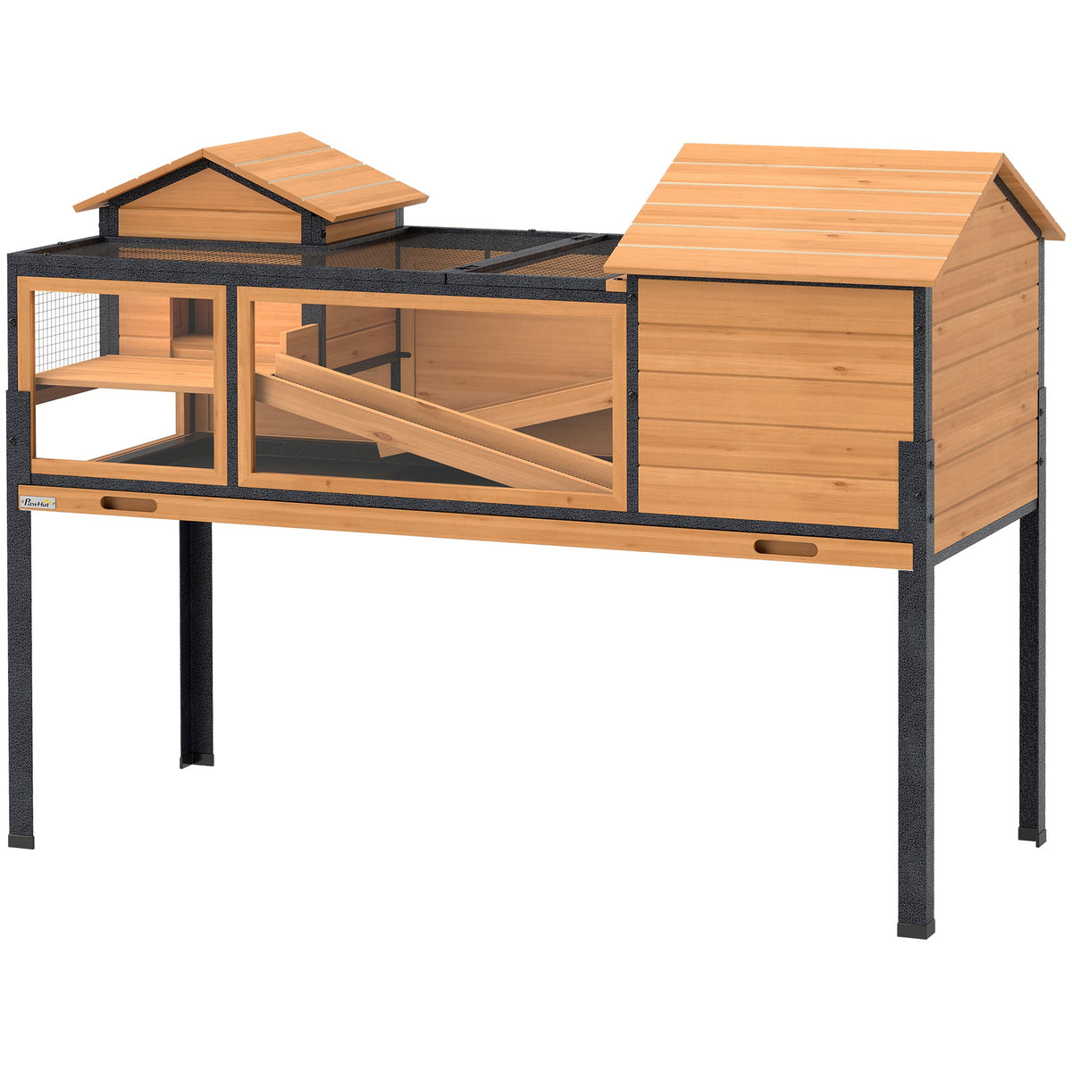 Tortoise House with 2 Rooms, Wooden Reptile Enclosure Habitat with Clear Windows, Ramps, Openable Top, Built-in Tray, with Stand Legs for Indoor Use, Yellow