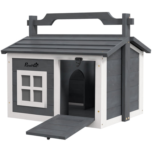 Rabbit Hutch Cat House Puppy House Guinea Pig Hutch Small Animal House Portable Wooden Indoor Outdoor with 2 Rooms Top Handle, Openable Roof - Grey