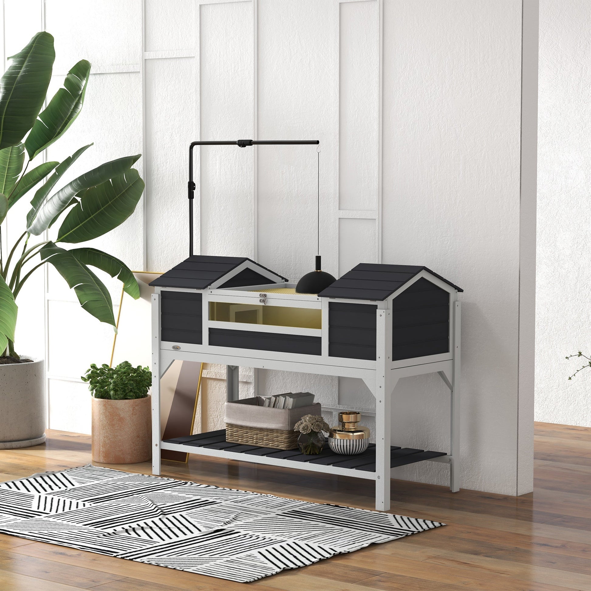 Tortoise House, Wooden Tortoise Enclosure with Adjustable Lamp Holder, Tortoise Table with Openable Lid, Dual Main Houses, Storage Shelf, Basking Area, Fixed Tray - Grey