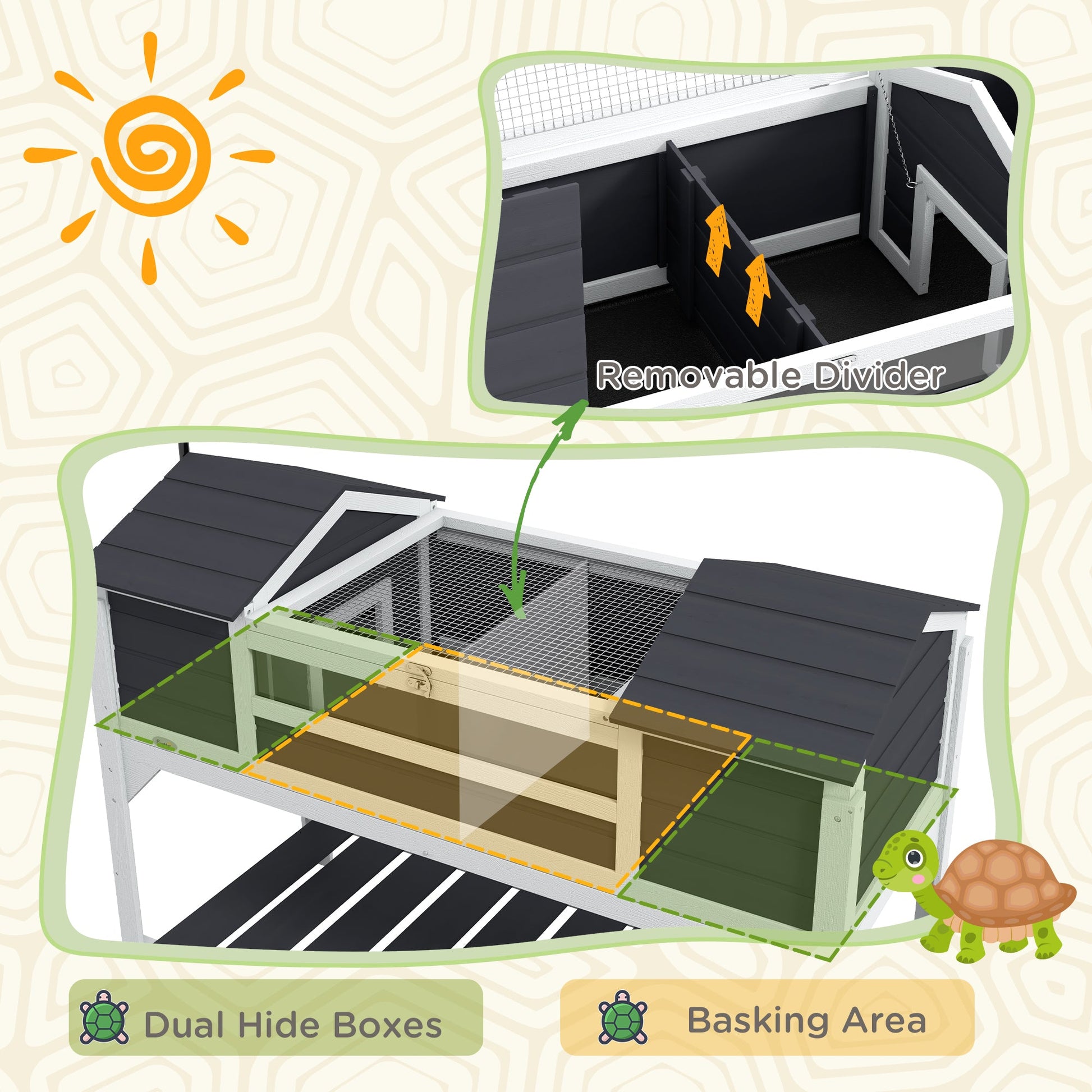 Tortoise House, Wooden Tortoise Enclosure with Adjustable Lamp Holder, Tortoise Table with Openable Lid, Dual Main Houses, Storage Shelf, Basking Area, Fixed Tray - Grey