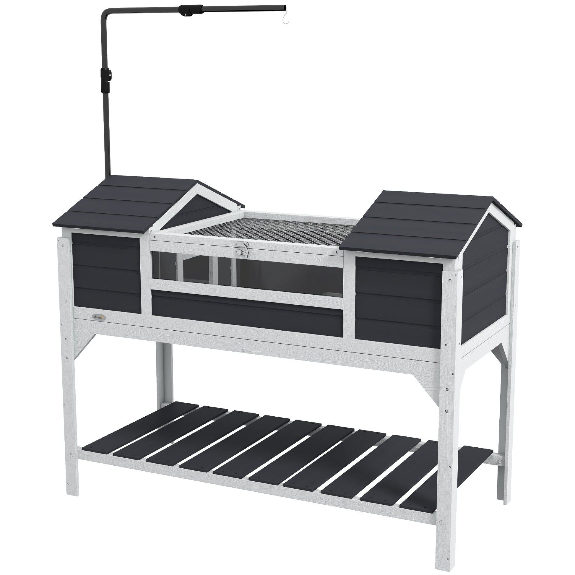 Tortoise House, Wooden Tortoise Enclosure with Adjustable Lamp Holder, Tortoise Table with Openable Lid, Dual Main Houses, Storage Shelf, Basking Area, Fixed Tray - Grey