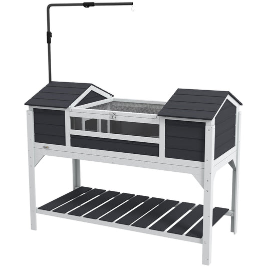 Tortoise House, Wooden Tortoise Enclosure with Adjustable Lamp Holder, Tortoise Table with Openable Lid, Dual Main Houses, Storage Shelf, Basking Area, Fixed Tray - Grey