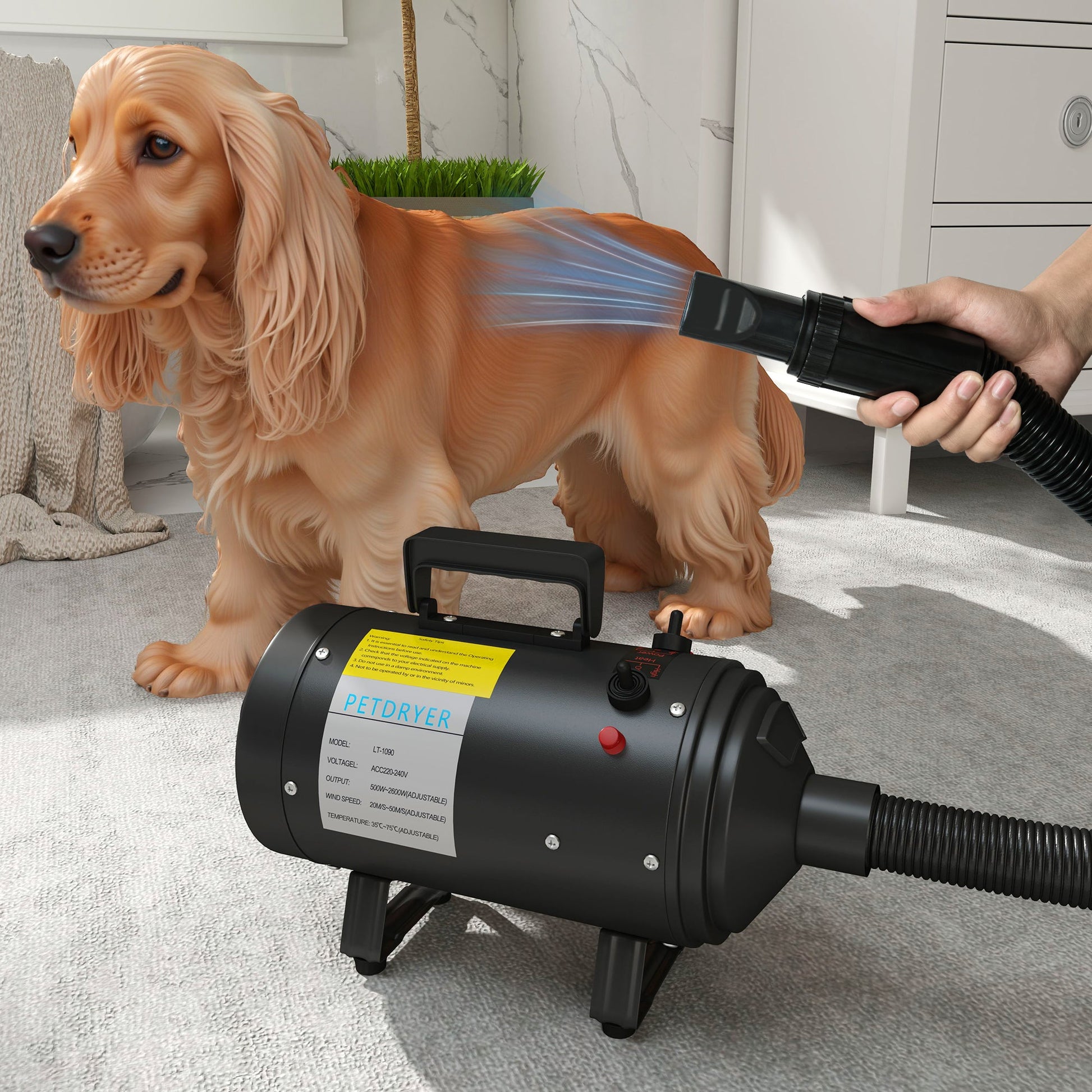 Dog Hair Dryer, 2200W Pet Grooming Hair Dryer with Adjustable Temperature & Velocity, Professional Low Noise Dog Blaster with 3 Different Nozzles, Black