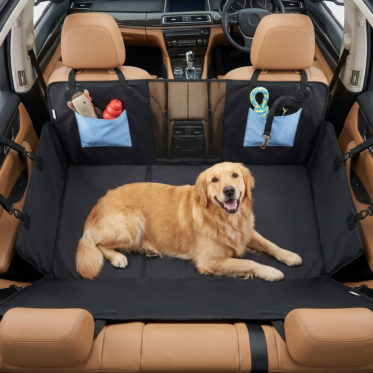 Dog Car Seat Cover, Waterproof Dog Travel Hammock with Non-Slip & Anti-Scratch Surface, Mesh Window and Pockets, Foldable Back Seat Cover for Cars, Trucks and SUVs, Blue