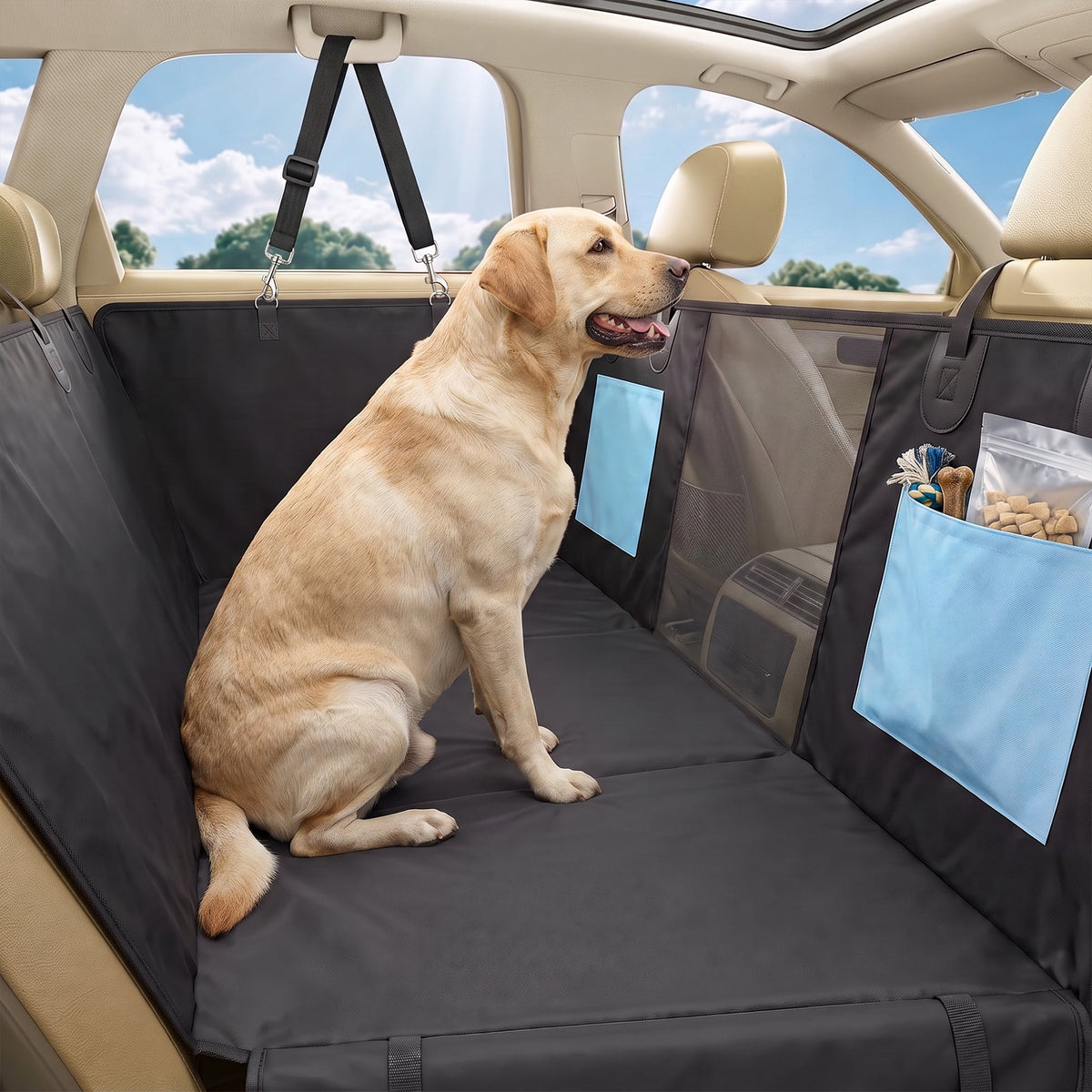 Dog Car Seat Cover, Waterproof Dog Travel Hammock with Non-Slip & Anti-Scratch Surface, Mesh Window and Pockets, Foldable Back Seat Cover for Cars, Trucks and SUVs, Blue