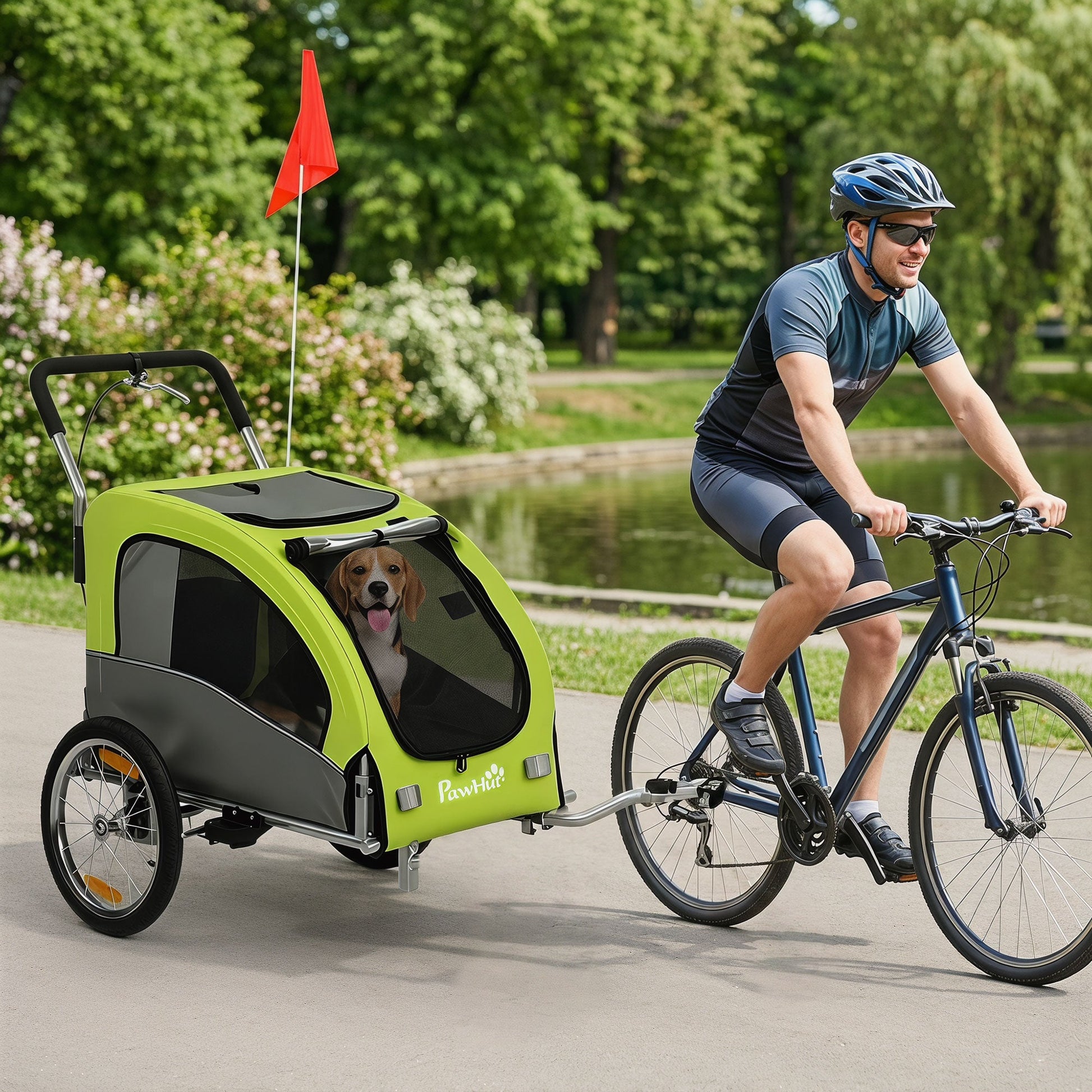 2 in 1 Dog Bike Trailer, Dog Stroller, Foldable Pet Bicycle Trailer Wagon with Suspension, 600D Oxford Fabric, Reflectors, Handbrake, Universal Hitch Coupler, for Medium Dogs up to 20kg, Green