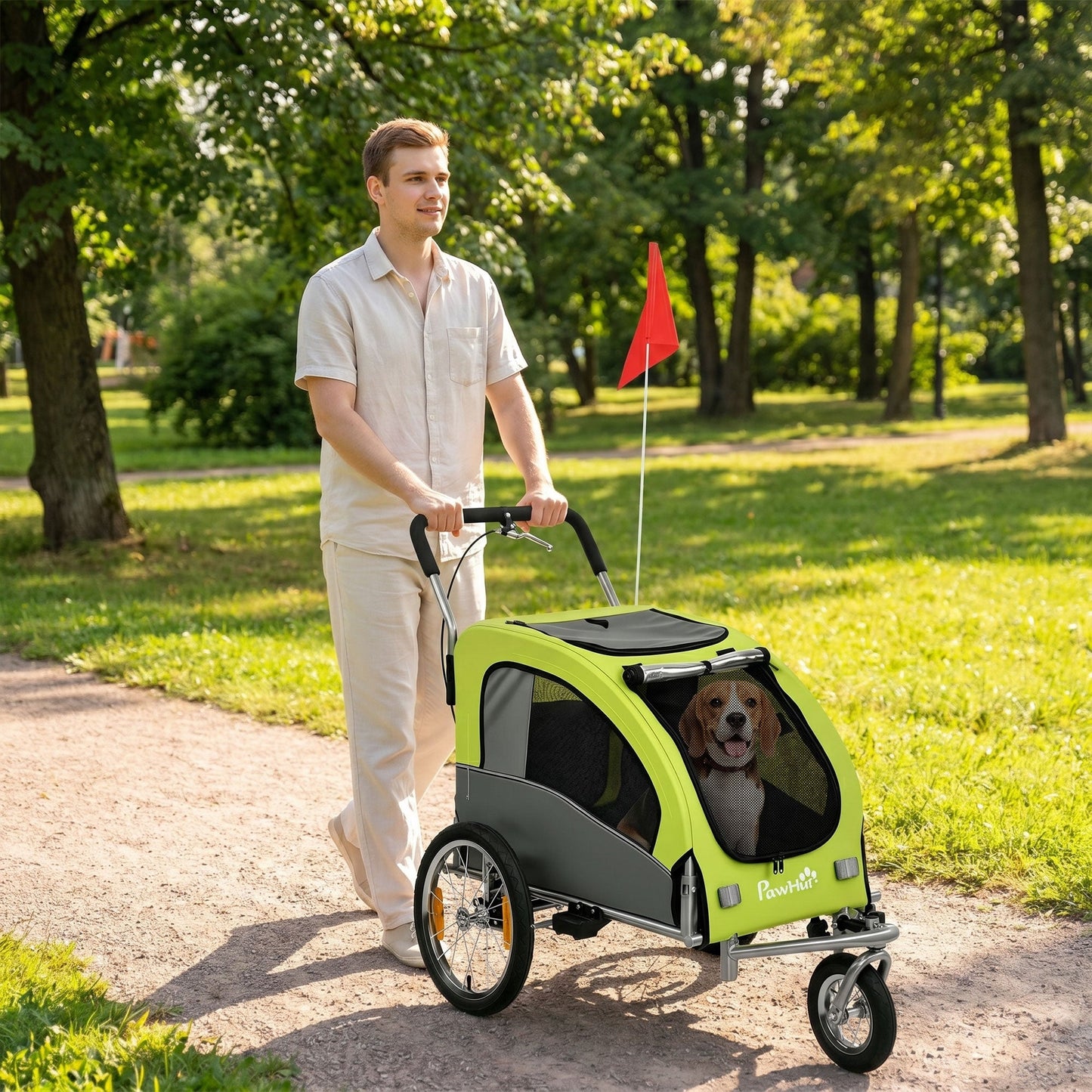 2 in 1 Dog Bike Trailer, Dog Stroller, Foldable Pet Bicycle Trailer Wagon with Suspension, 600D Oxford Fabric, Reflectors, Handbrake, Universal Hitch Coupler, for Medium Dogs up to 20kg, Green