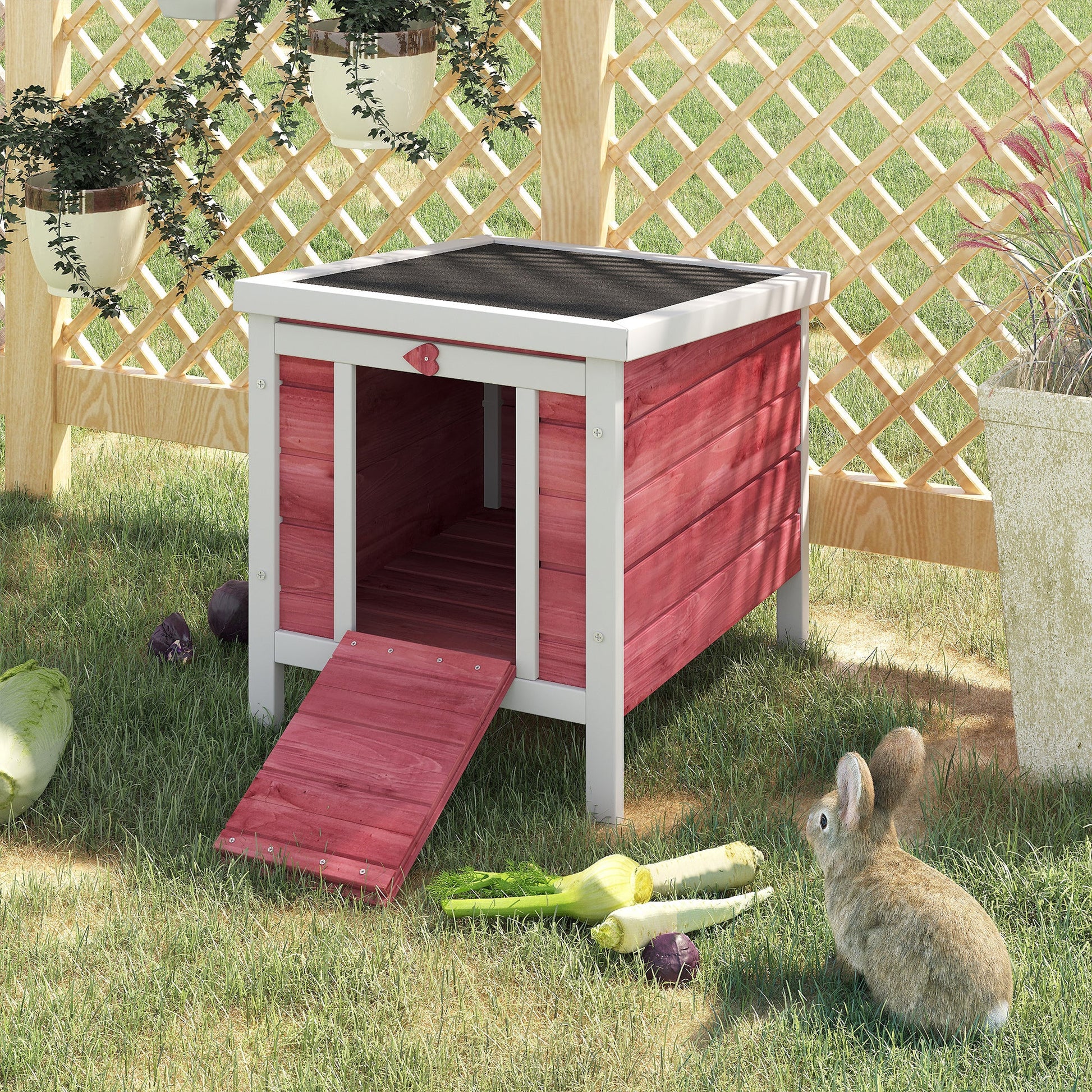 Wooden Rabbit Hutch Outdoor, Guinea Pig Hutch, Rabbit Hideaway, Cat House, Bunny Cage Small Animal House with Openable Roof, 51 x 42 x 43 cm, Red