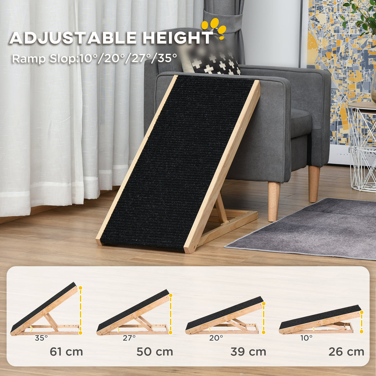 Dog Ramp, Foldable Pet Ramp with 4 Adjustable Heights, Non-Slip Finish for Medium and Large Pets, Wooden Dog Ladder for Sofa, Bed, Car, Black