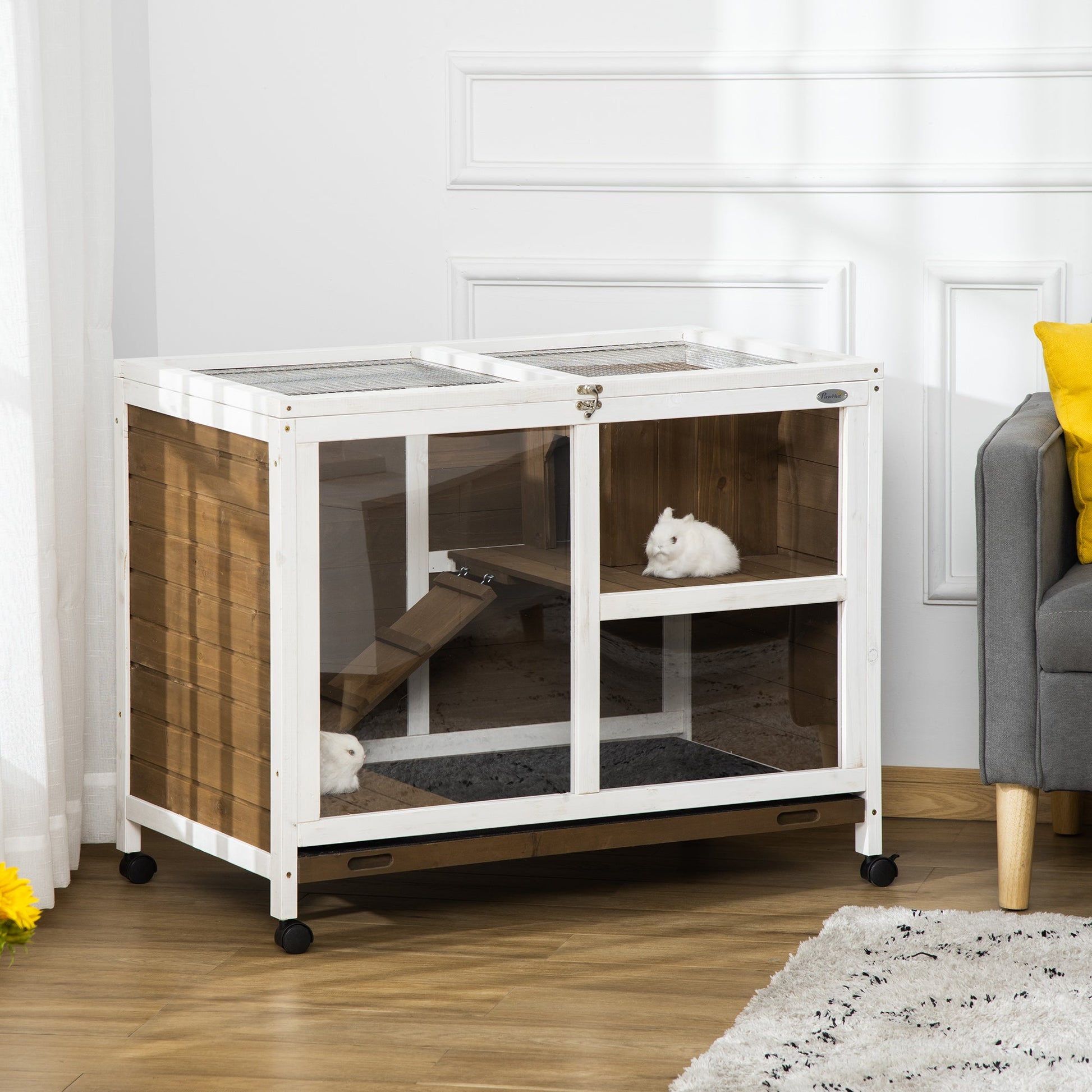 Rabbit Hutch Indoor Wooden Guinea Pig House Hamster Cage with Wheels, 2 Layers Bunny Cage with Openable Roof, 91.5 x 53.3 x 73 cm, Brown