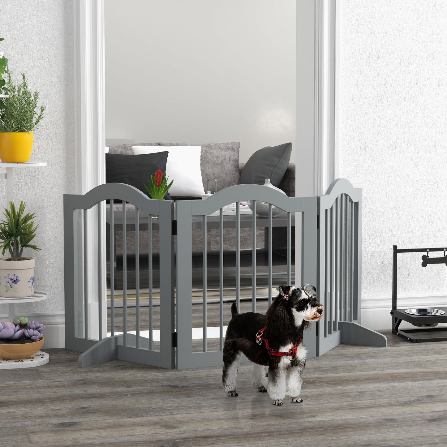 Freestanding Pet Gate Wooden Dog Gate with Support Feet Foldable Pet Fence Safety Barrier for the House Doorway Stairs Light Grey