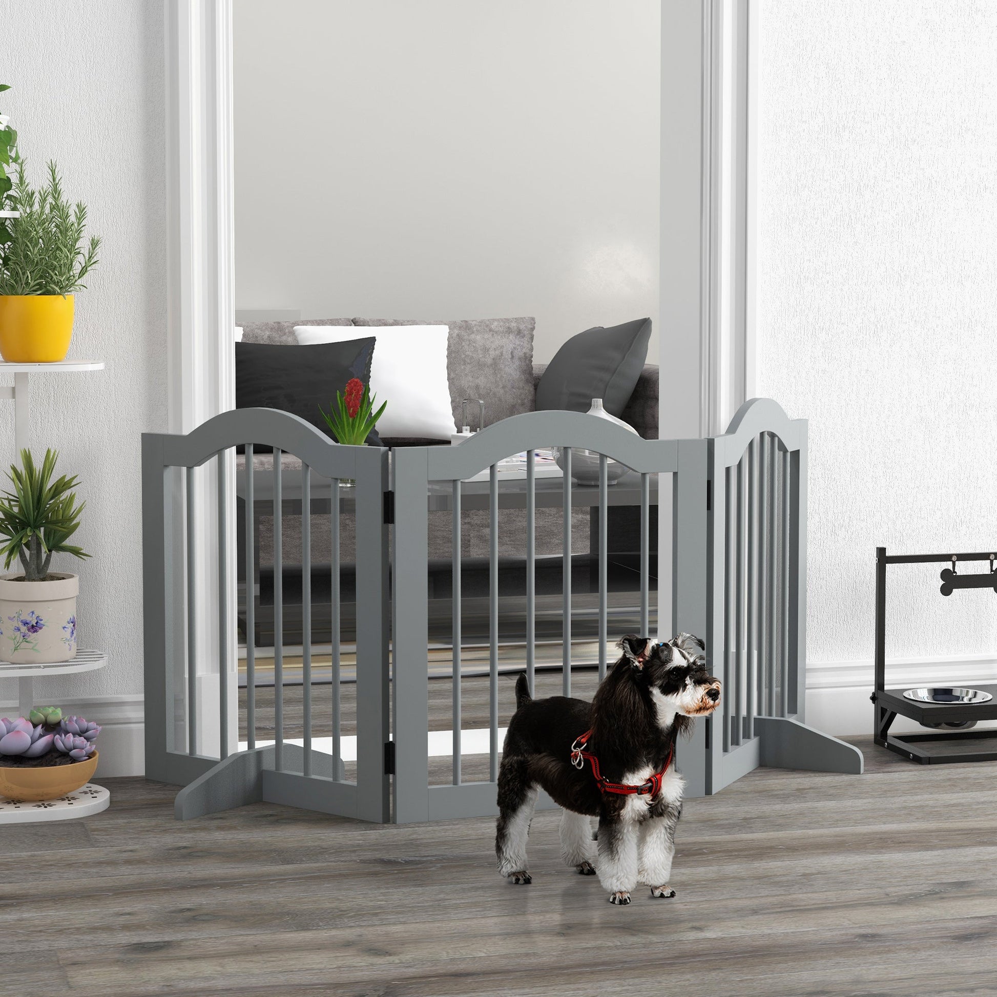 Freestanding Pet Gate Wooden Dog Gate with Support Feet Foldable Pet Fence Safety Barrier for the House Doorway Stairs Light Grey