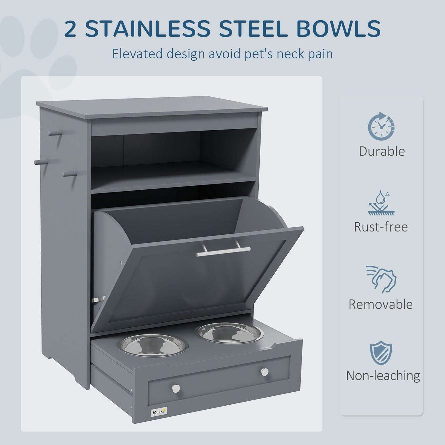 Pet Feeder Station, Dog Food Storage Container w/ Raised Dog Bowls, Hanger, for Food and Water - Grey