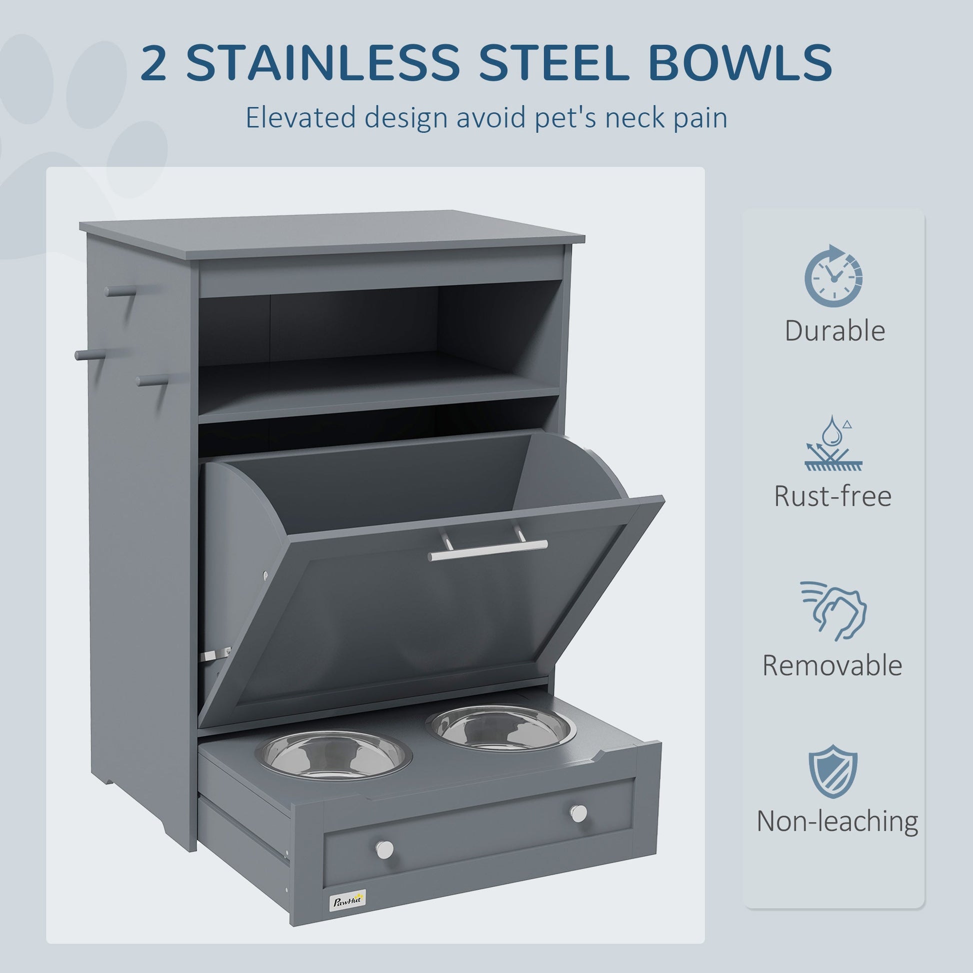 Pet Feeder Station, Dog Food Storage Container w/ Raised Dog Bowls, Hanger, for Food and Water - Grey