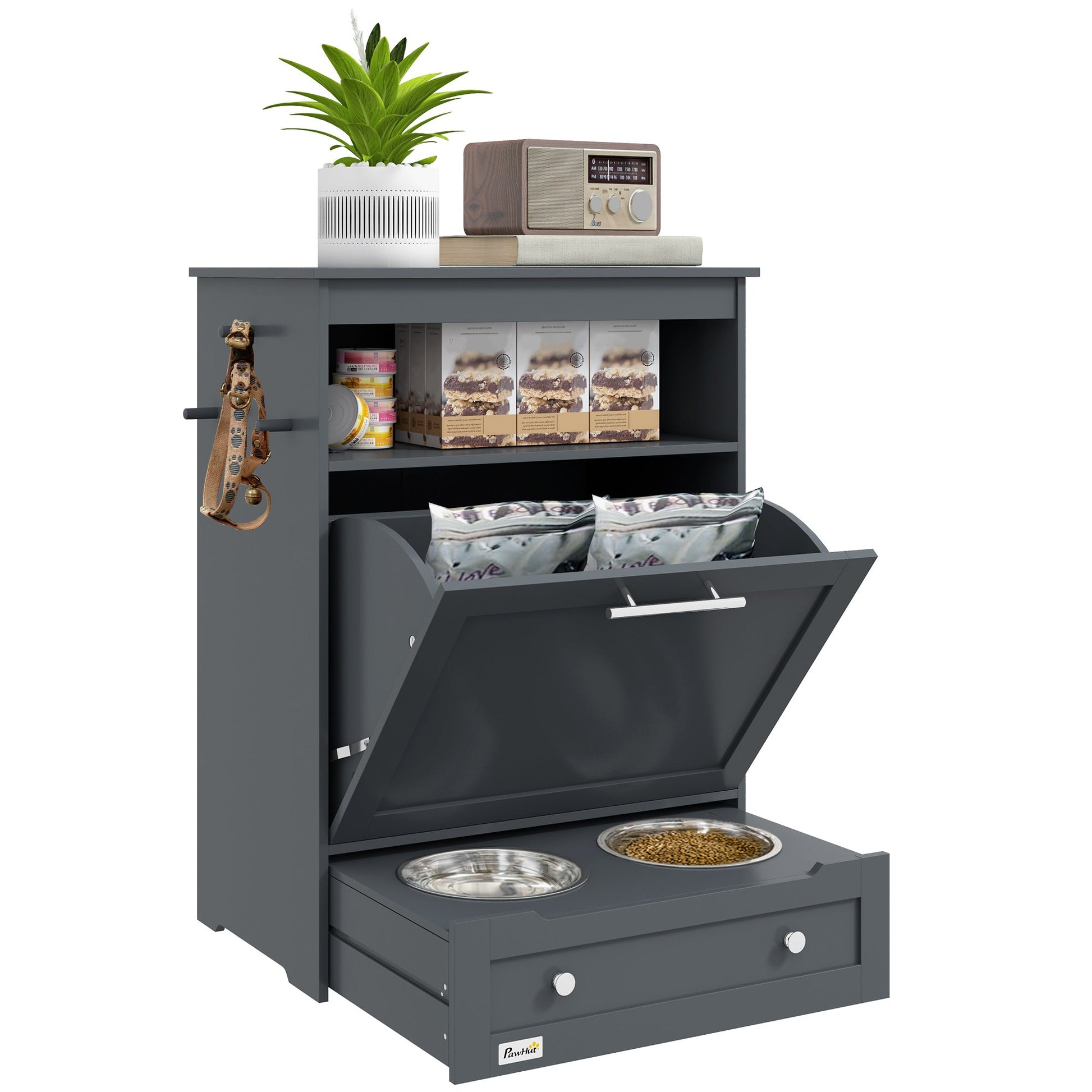 Pet Feeder Station, Dog Food Storage Container w/ Raised Dog Bowls, Hanger, for Food and Water - Grey
