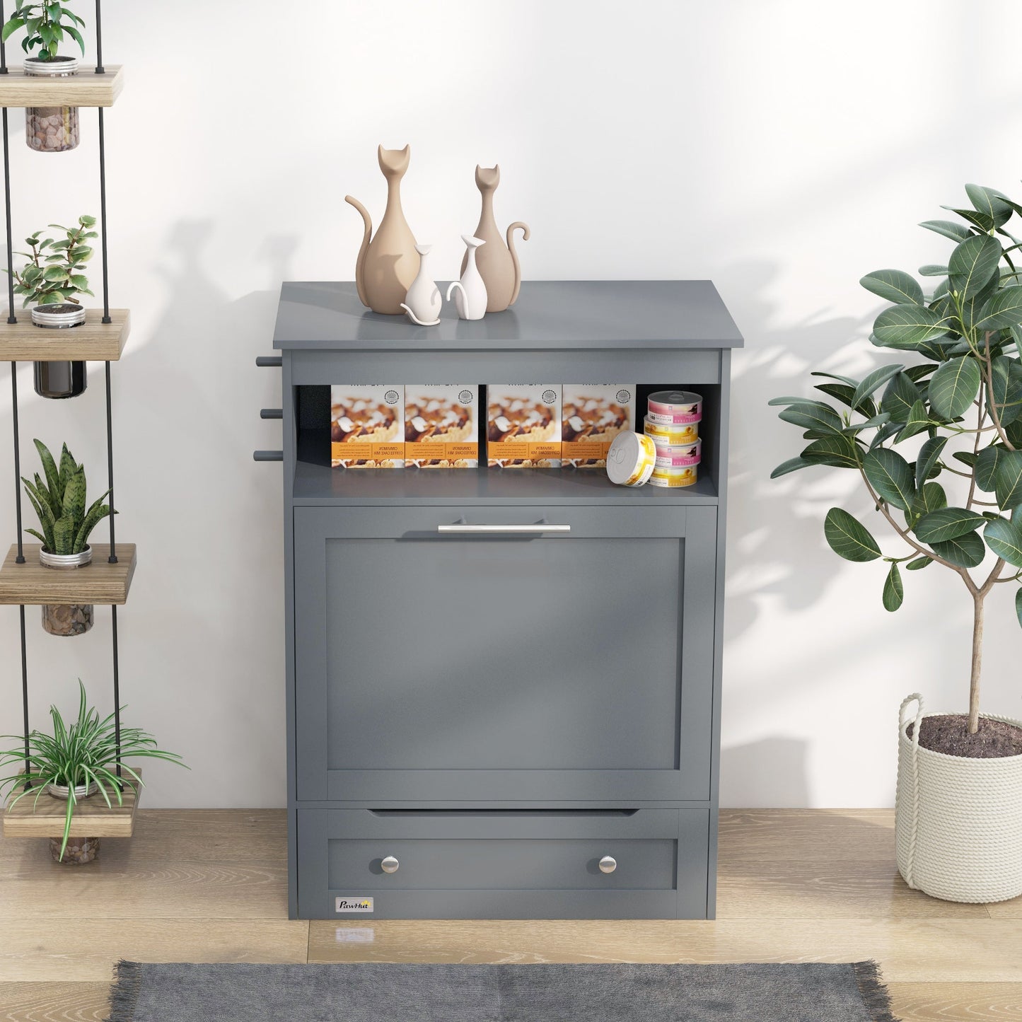 Pet Feeder Station, Dog Food Storage Container w/ Raised Dog Bowls, Hanger, for Food and Water - Grey