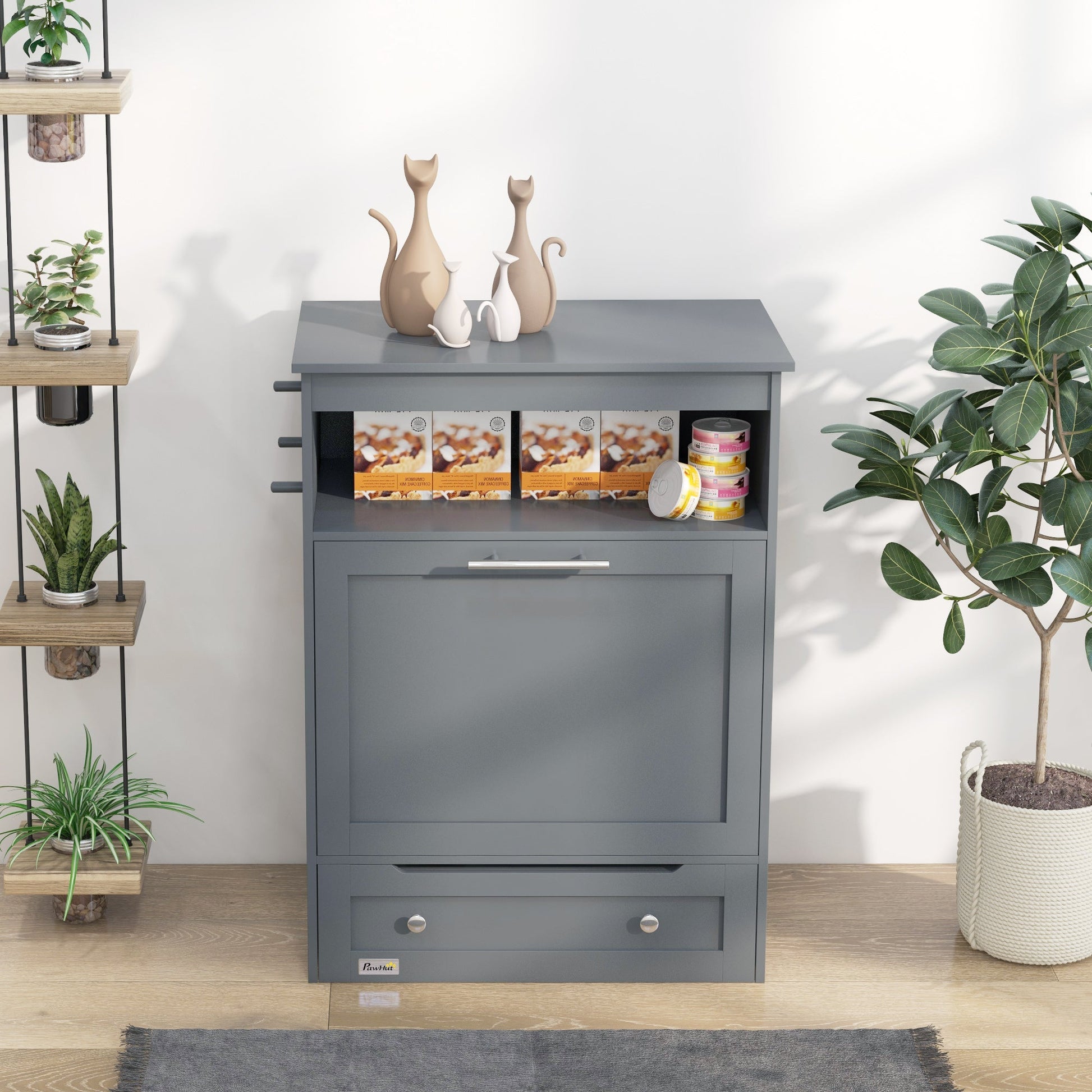 Pet Feeder Station, Dog Food Storage Container w/ Raised Dog Bowls, Hanger, for Food and Water - Grey