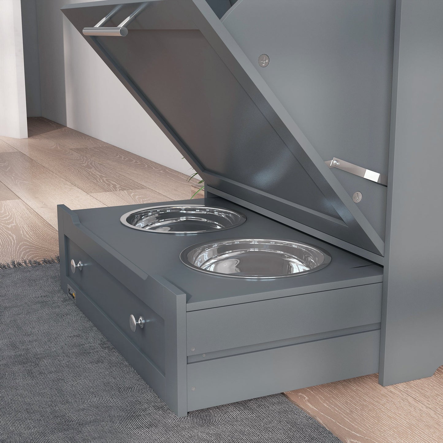 Pet Feeder Station, Dog Food Storage Container w/ Raised Dog Bowls, Hanger, for Food and Water - Grey