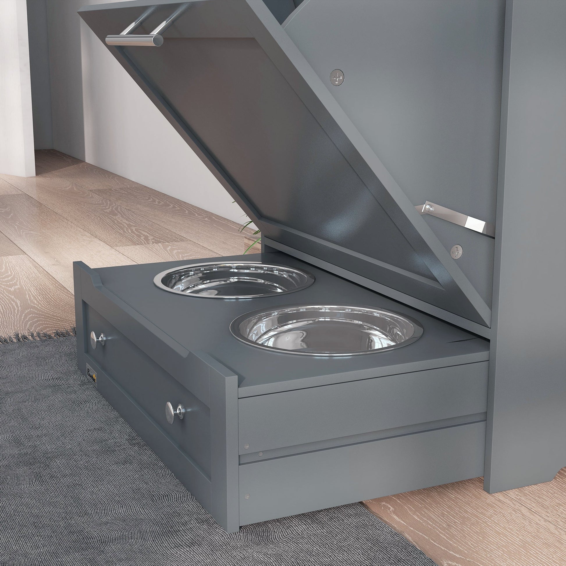 Pet Feeder Station, Dog Food Storage Container w/ Raised Dog Bowls, Hanger, for Food and Water - Grey