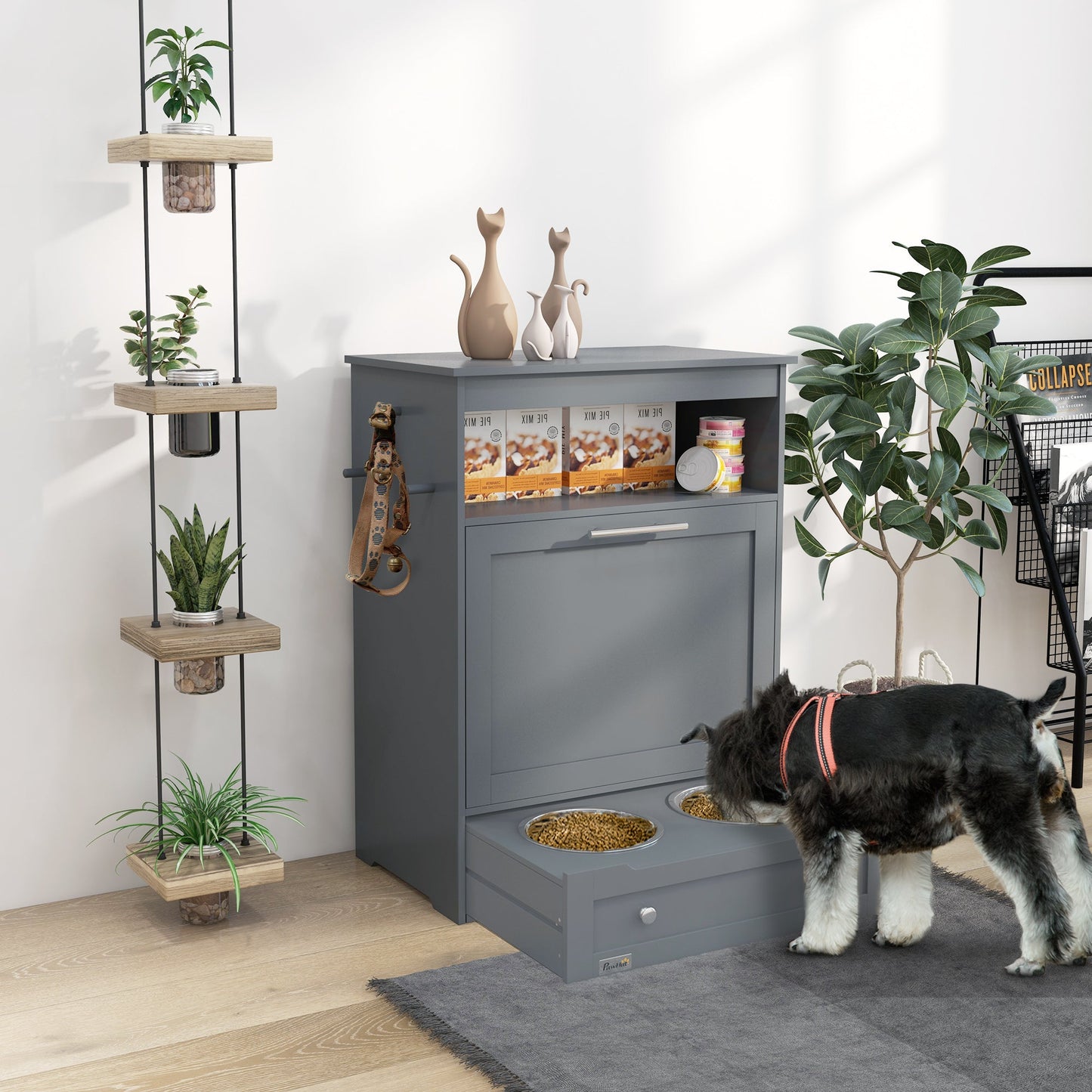 Pet Feeder Station, Dog Food Storage Container w/ Raised Dog Bowls, Hanger, for Food and Water - Grey