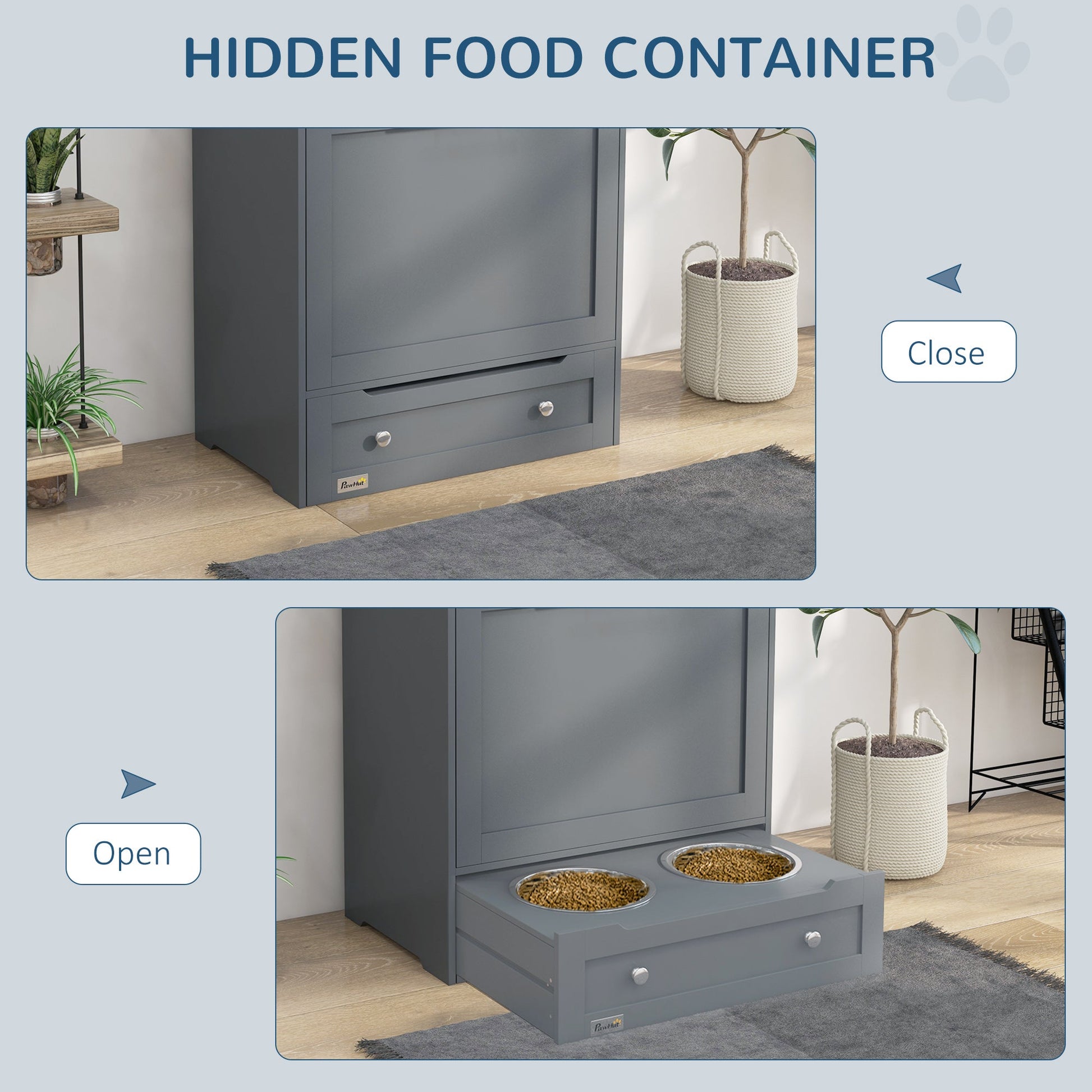 Pet Feeder Station, Dog Food Storage Container w/ Raised Dog Bowls, Hanger, for Food and Water - Grey