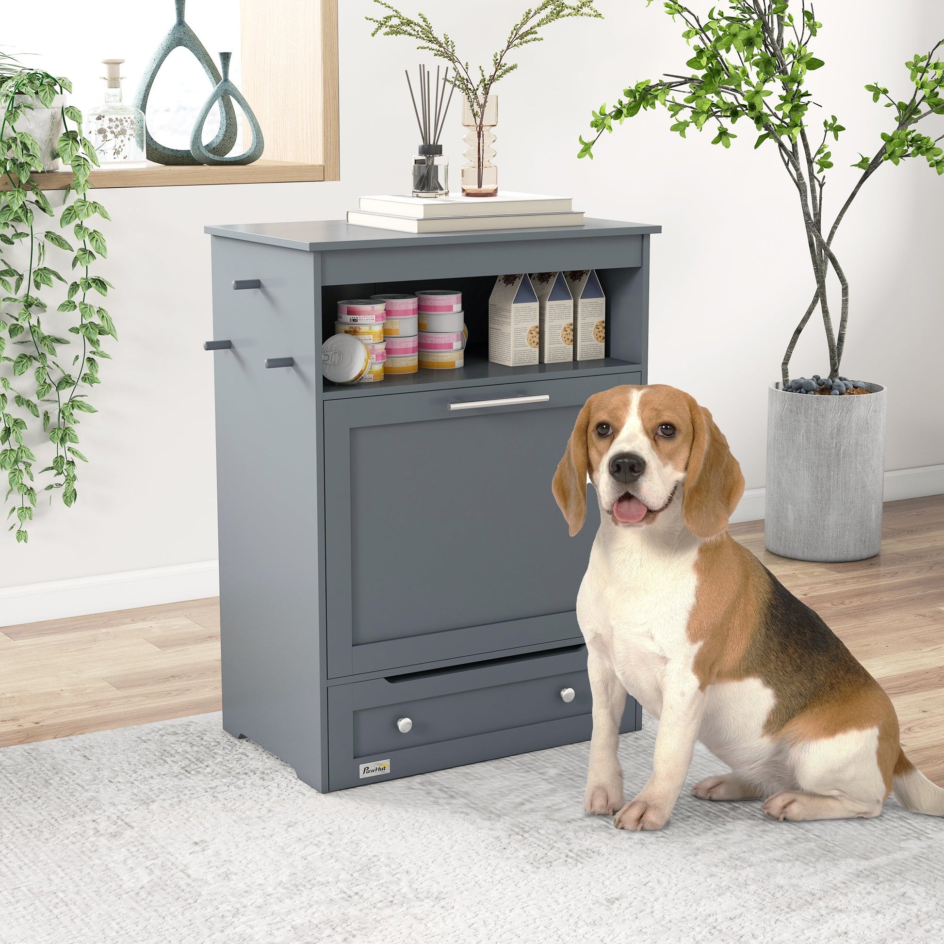 Pet Feeder Station, Dog Food Storage Container w/ Raised Dog Bowls, Hanger, for Food and Water - Grey