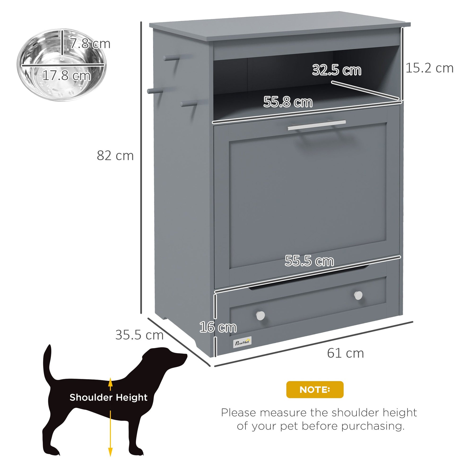 Pet Feeder Station, Dog Food Storage Container w/ Raised Dog Bowls, Hanger, for Food and Water - Grey