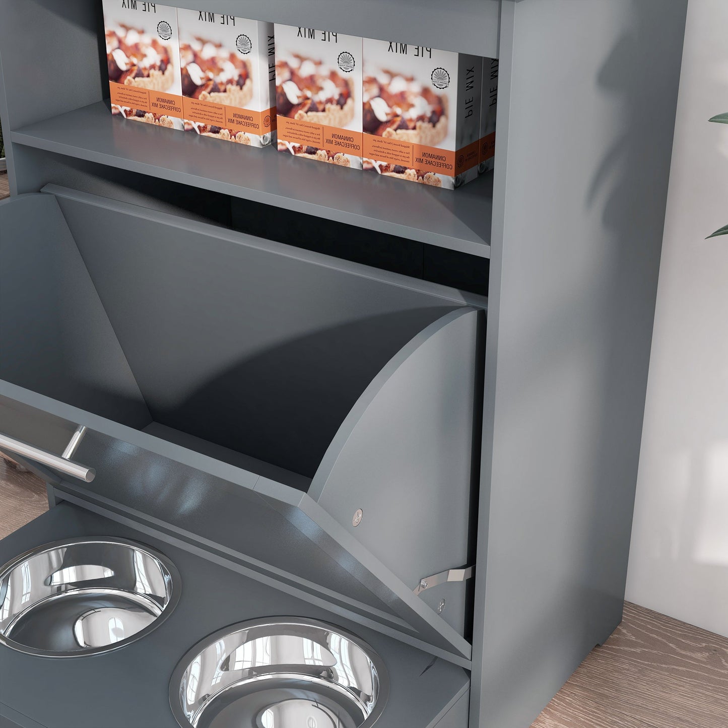 Pet Feeder Station, Dog Food Storage Container w/ Raised Dog Bowls, Hanger, for Food and Water - Grey