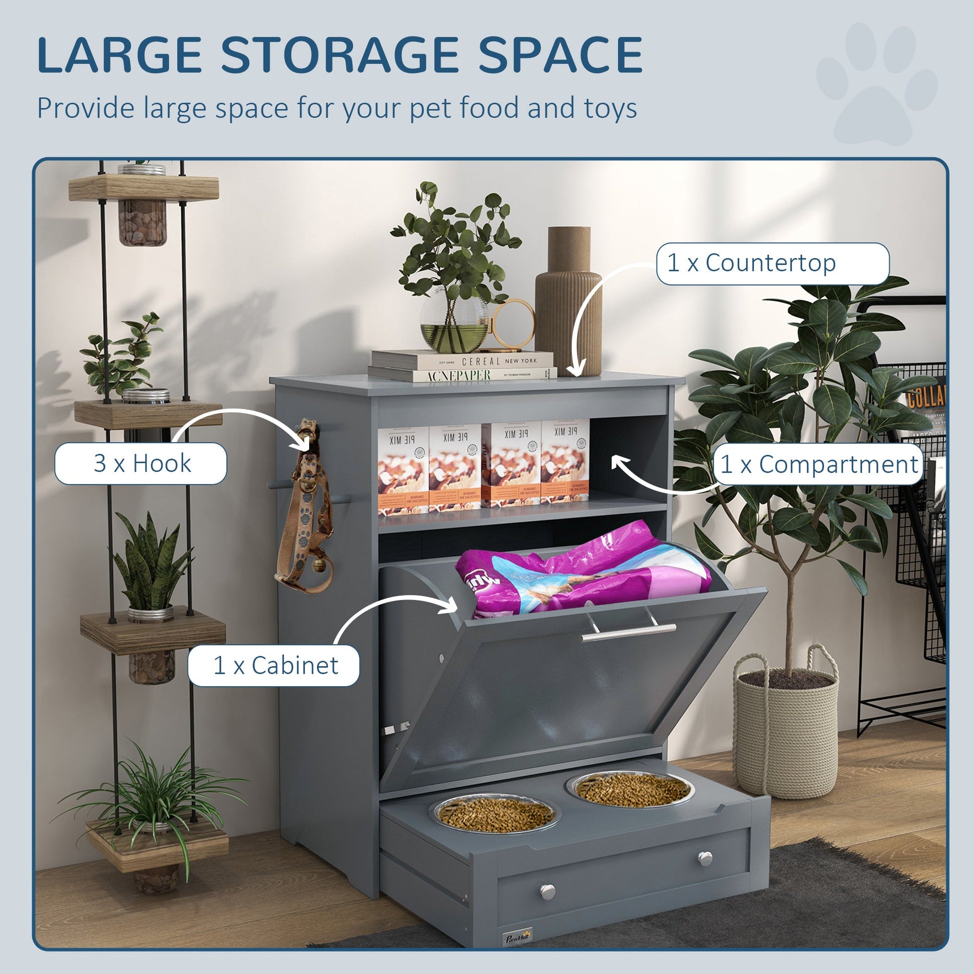 Pet Feeder Station, Dog Food Storage Container w/ Raised Dog Bowls, Hanger, for Food and Water - Grey