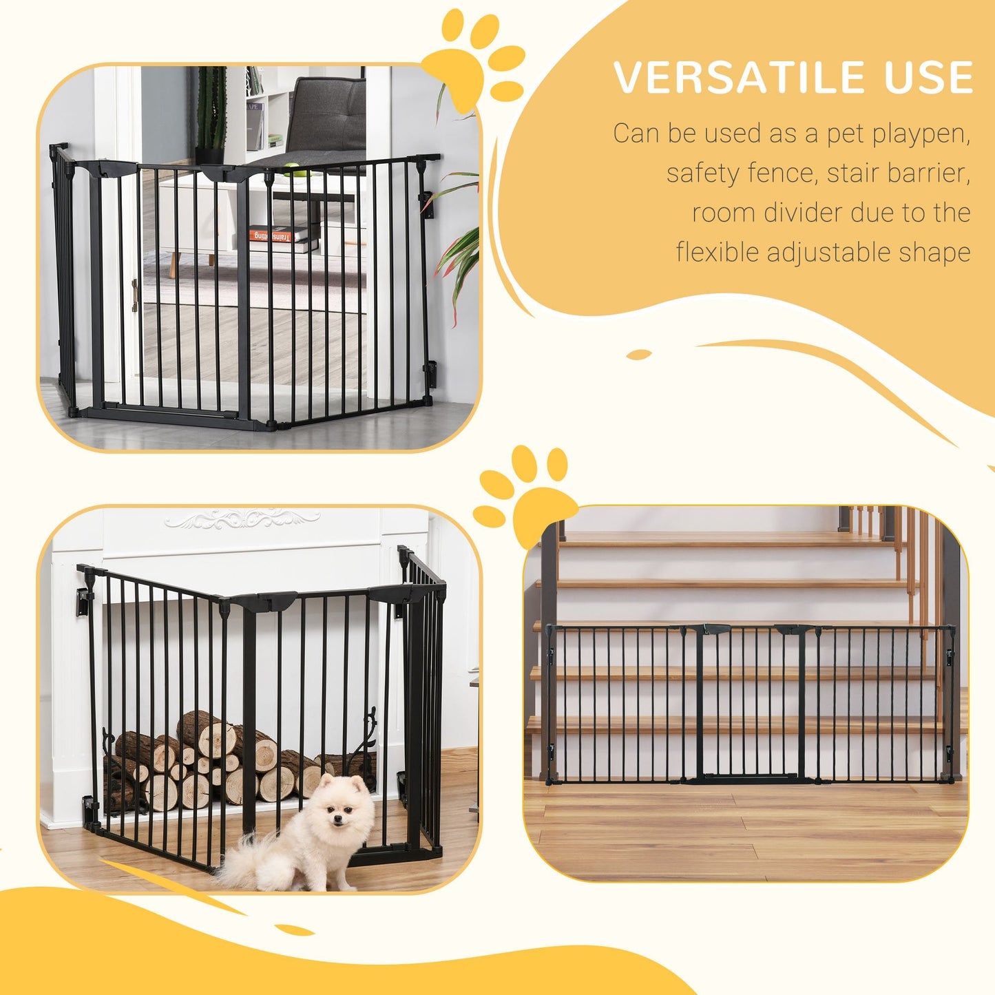 Pet Safety Gate, 3 Panels Playpen Fireplace, Metal Fence, Stair Barrier, Room Divider w/ Walk-Through Door - Black