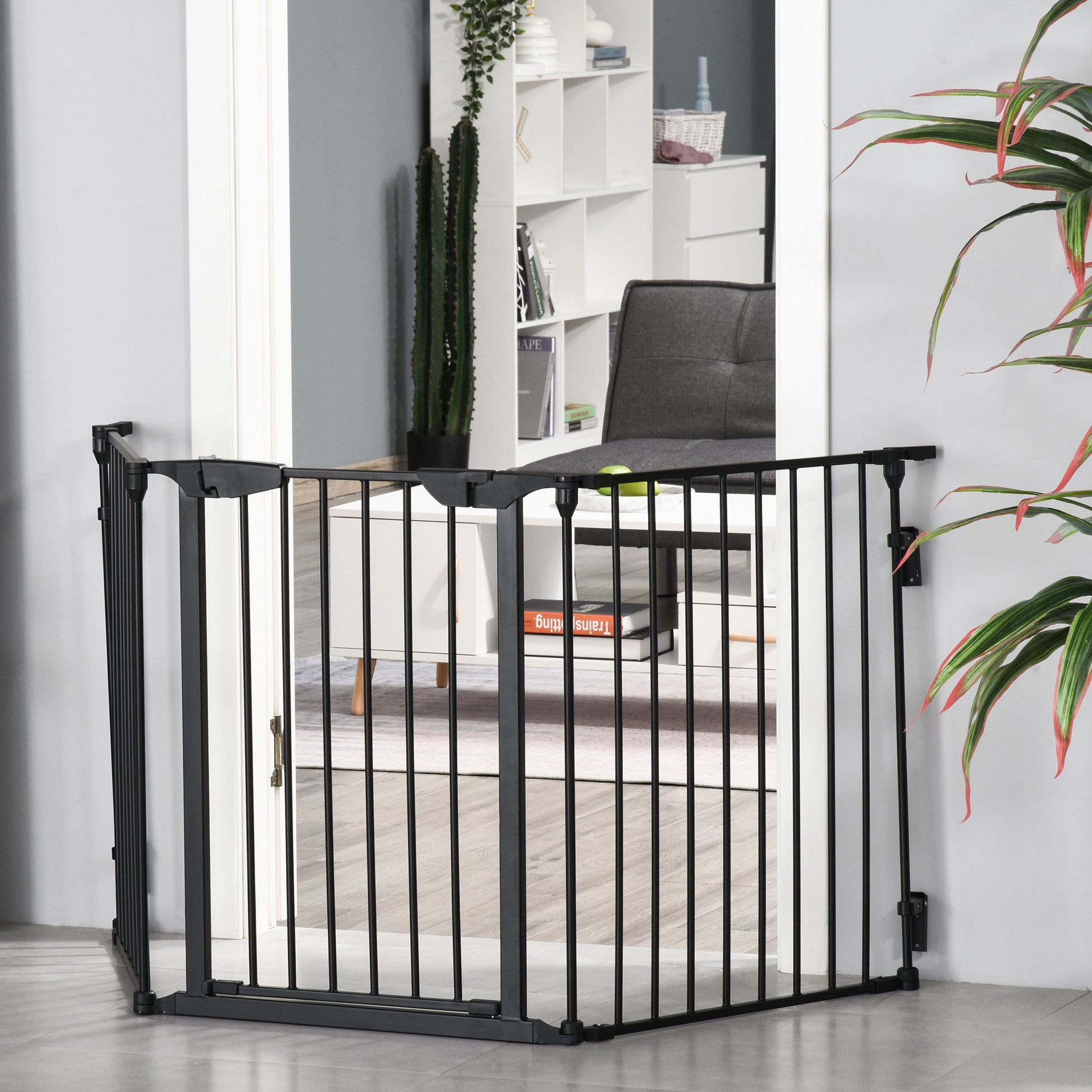 Pet Safety Gate, 3 Panels Playpen Fireplace, Metal Fence, Stair Barrier, Room Divider w/ Walk-Through Door - Black